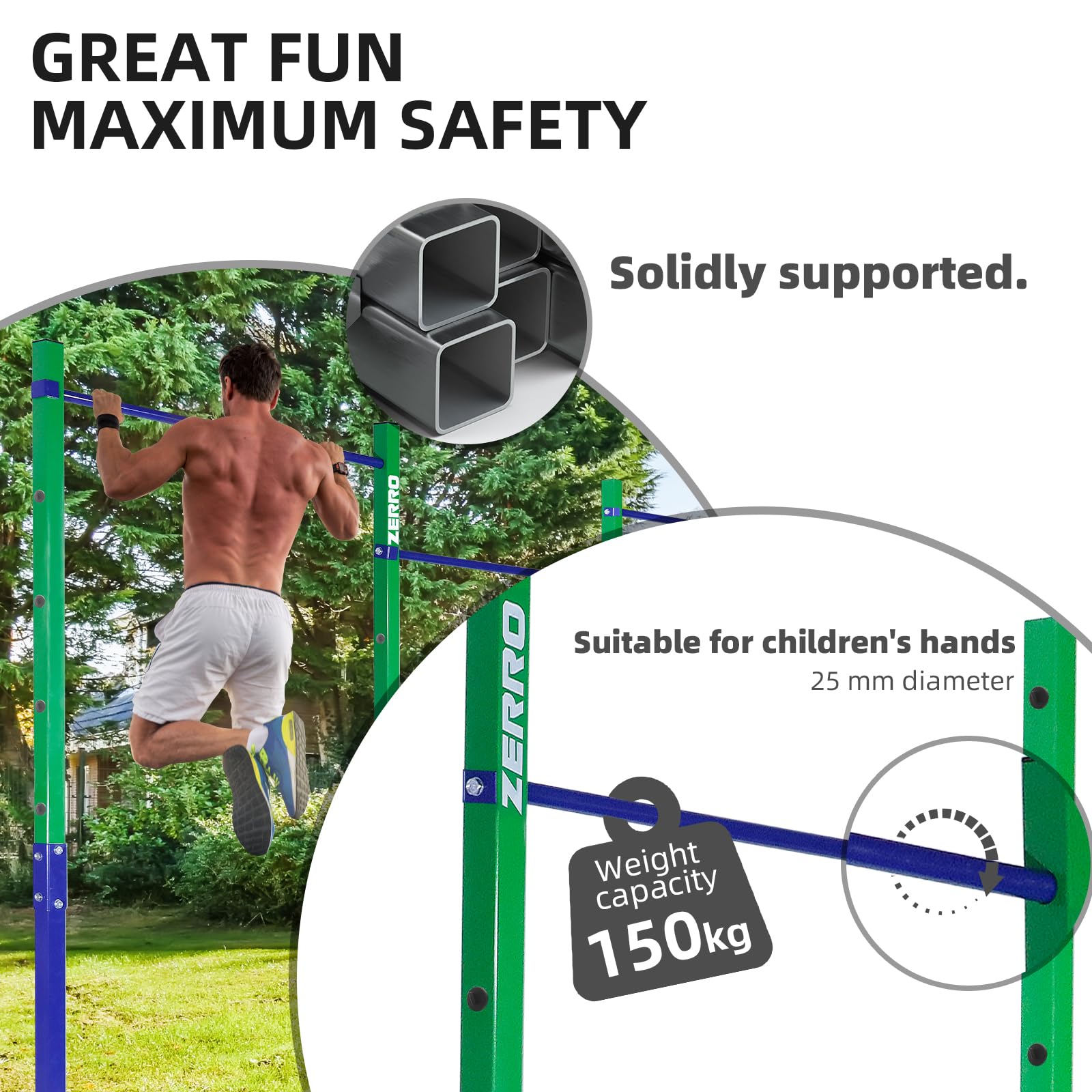 ZERRO Barre de Gymnastique Jardin Charge 150 kg, Barre asymétrique Gymnastique, Barre d'escalade réglable en Hauteur pour Usage extérieur en Vert-Bleu