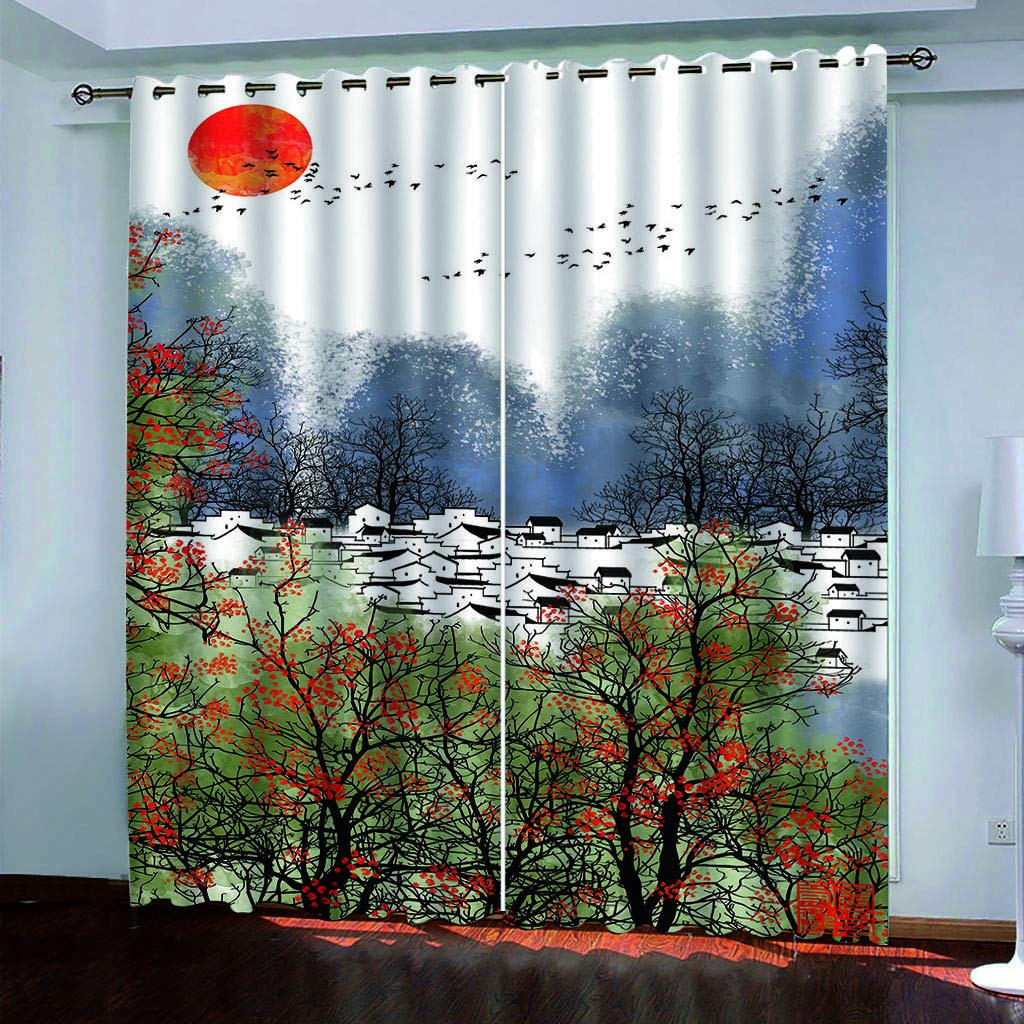 Maynuo White Eyelet Curtains 3D Jiangnan Architecture Printed Home Decoration Thermal Insulated Soft Curtain For Bedroom 78X78inch Blackout Living Room
