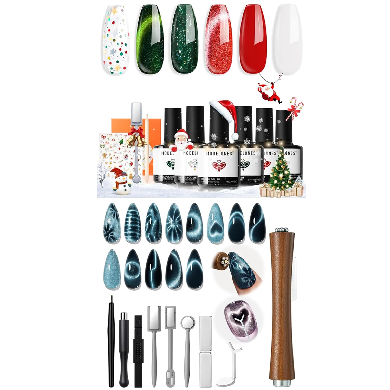 modelones Christmas Red Green Cat Eye Gel Nail Polish Set 6 PCS + Cat Eye Gel Nail Polish Magnet Tools