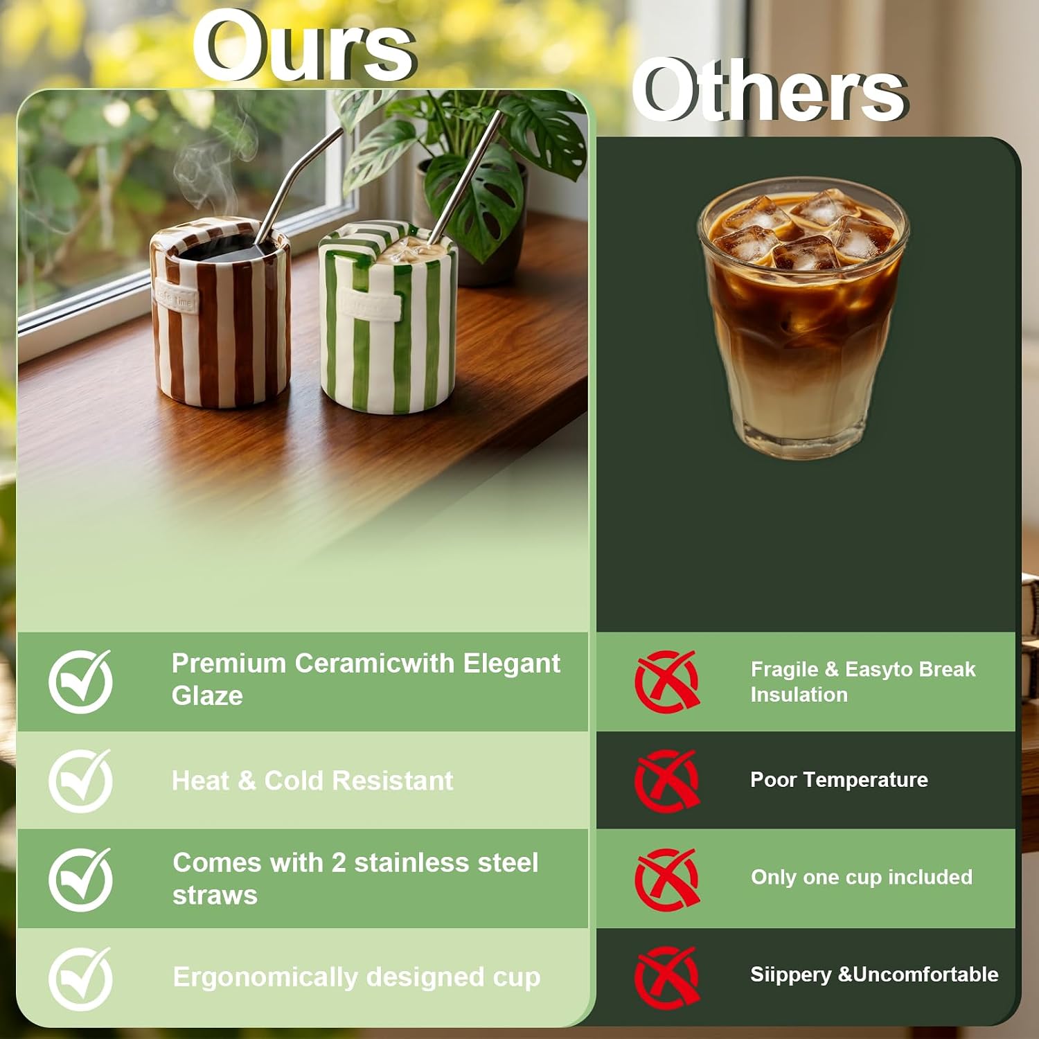 2-Pack Ceramic Coffee Mugs with Sip Holes: 10-Ounce Espresso Cups with Straws, Hand-Painted Striped Design, Porcelain Coffee Cup, Ceramic Coffee Mugs (Green + Brown)