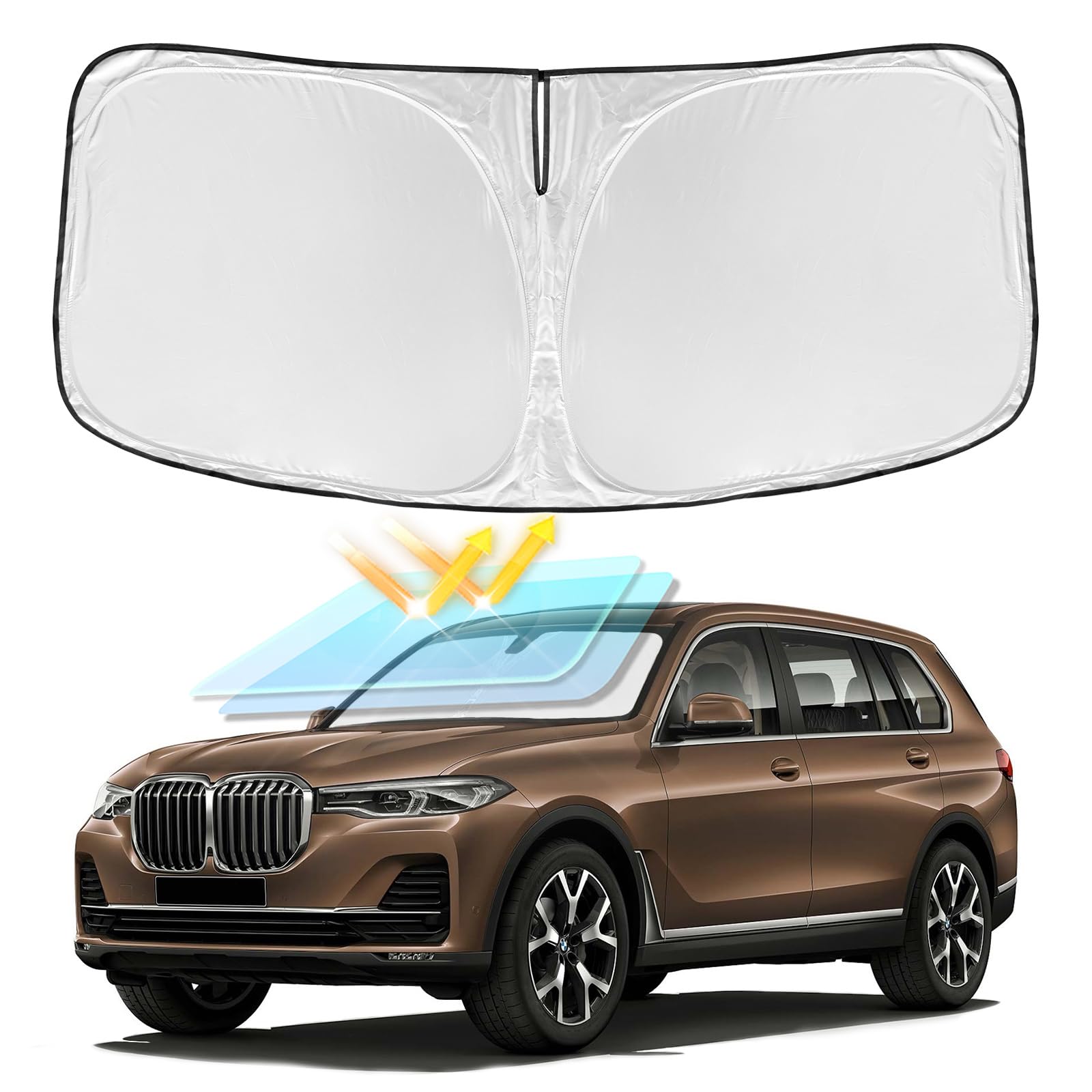 for BMW X7 2018-2025 Windshield Sun Shade - 4 Layers Car Sunshades for Front Windows Shade Cover Custom Fit BMW X7 Sunshade 240T Retractable Shade Blocks UV Rays Car Accessories