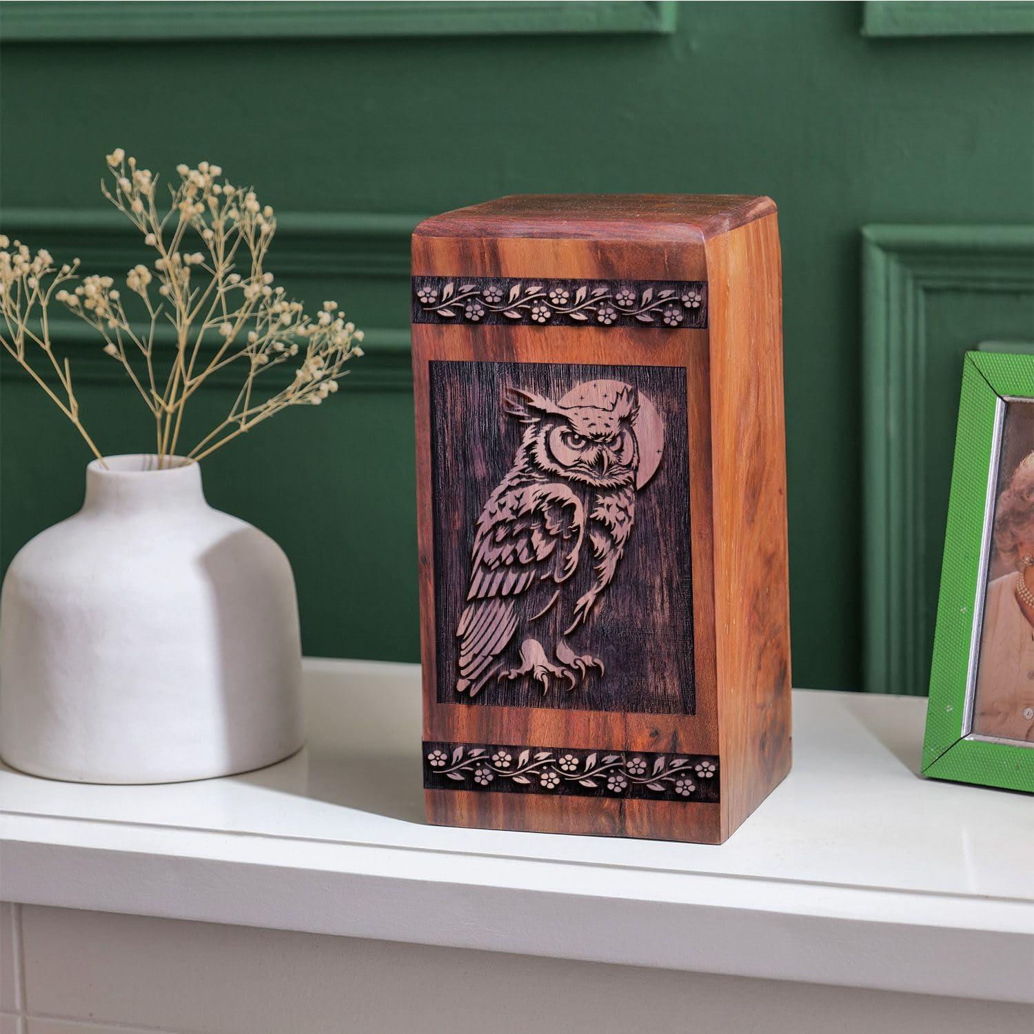 Owl Cremation Urn - 10 Inch Urn - Wooden Urn for Human Ashes Adult - Funeral Urn for Ashes, Cremation Urn for Ashes, Urns for Ashes, Large Urn for Human Ashes Adult Male & Female - Pack of 1