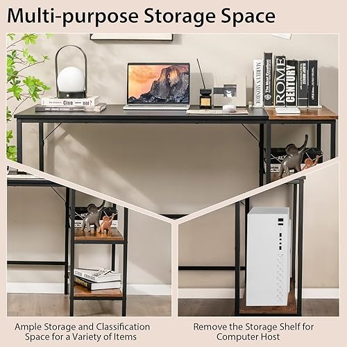 Miniatura 5 de Escritorio multifuncional para computadora, escritorio de estudio industrial con estante de almacenamiento extraíble, marco de metal resistente,