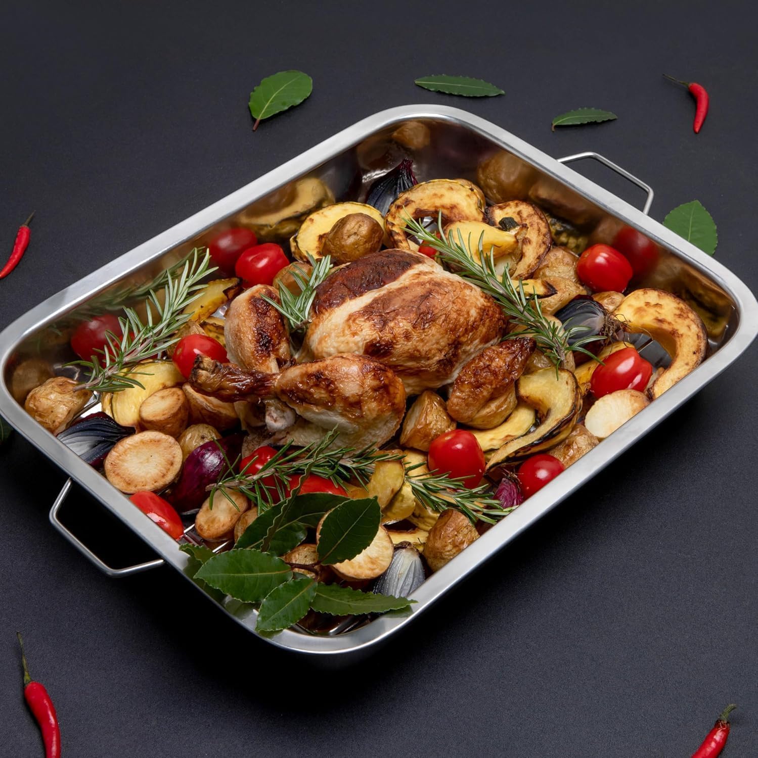 Stainless Steel Roasting Pan with Raised Bottom – 40cm Extra-Large Roaster & Baking Tray, Oven Safe, Reinforced Rim, 6.5cm Deep – Perfect for Large Meats & Vegetables, Dishwasher Saf