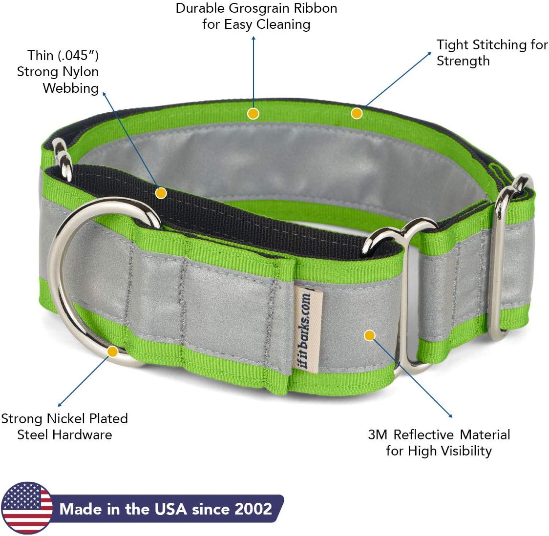 If It Barks - 1.5" Reflective Martingale Collar for Dogs - Adjustable - Made in USA - Strong, Durable, and Comfy - Ideal for Training - Suitable for Most Breeds - Medium, Apple Green