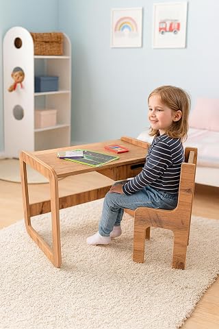 pratikoutdoor Tek Kişilik Çekmeceli Ahşap Çocuk Oyun & Aktivite Masa ve Sandalye Takımı - 18mm Ceviz Renk MDF