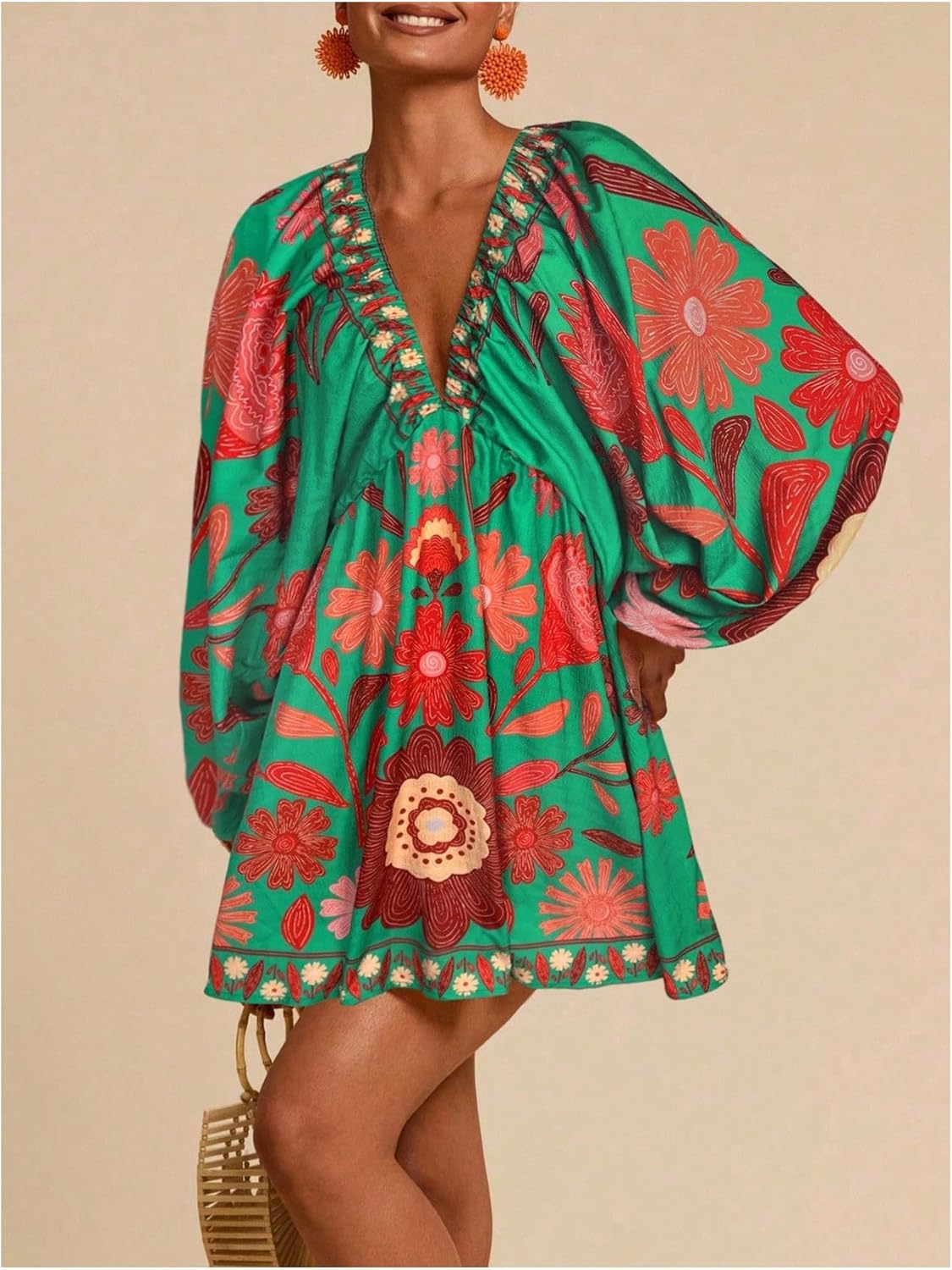 RoseSeek Women's Boho Floral V Neck Mini Dresses Bishop Sleeve Tie Open Back Tropical Dress