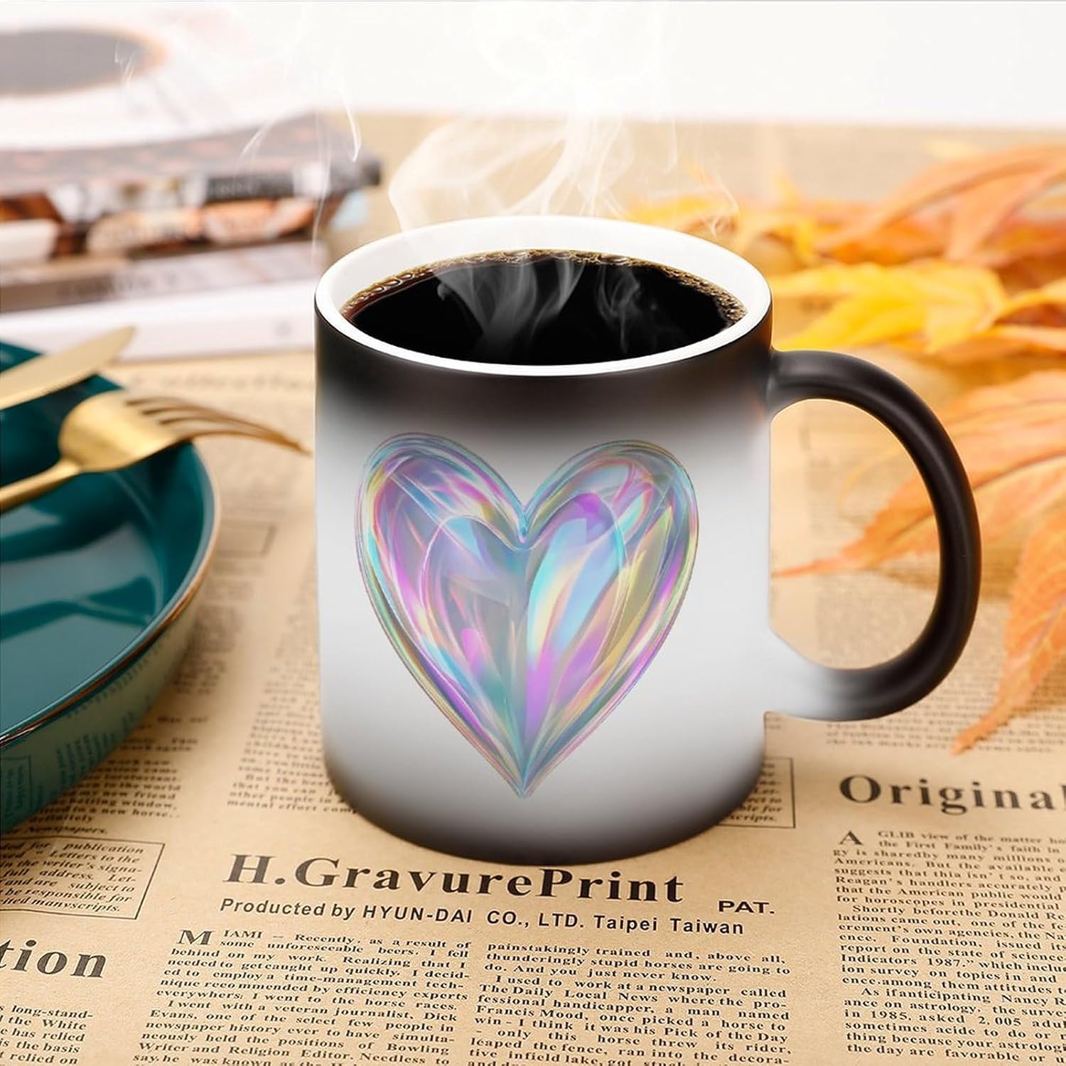 Laser Rainbow Heart Color Changing Mug Heated Ceramic Cup Heat Sensitive Coffee Mug Fun Gift
