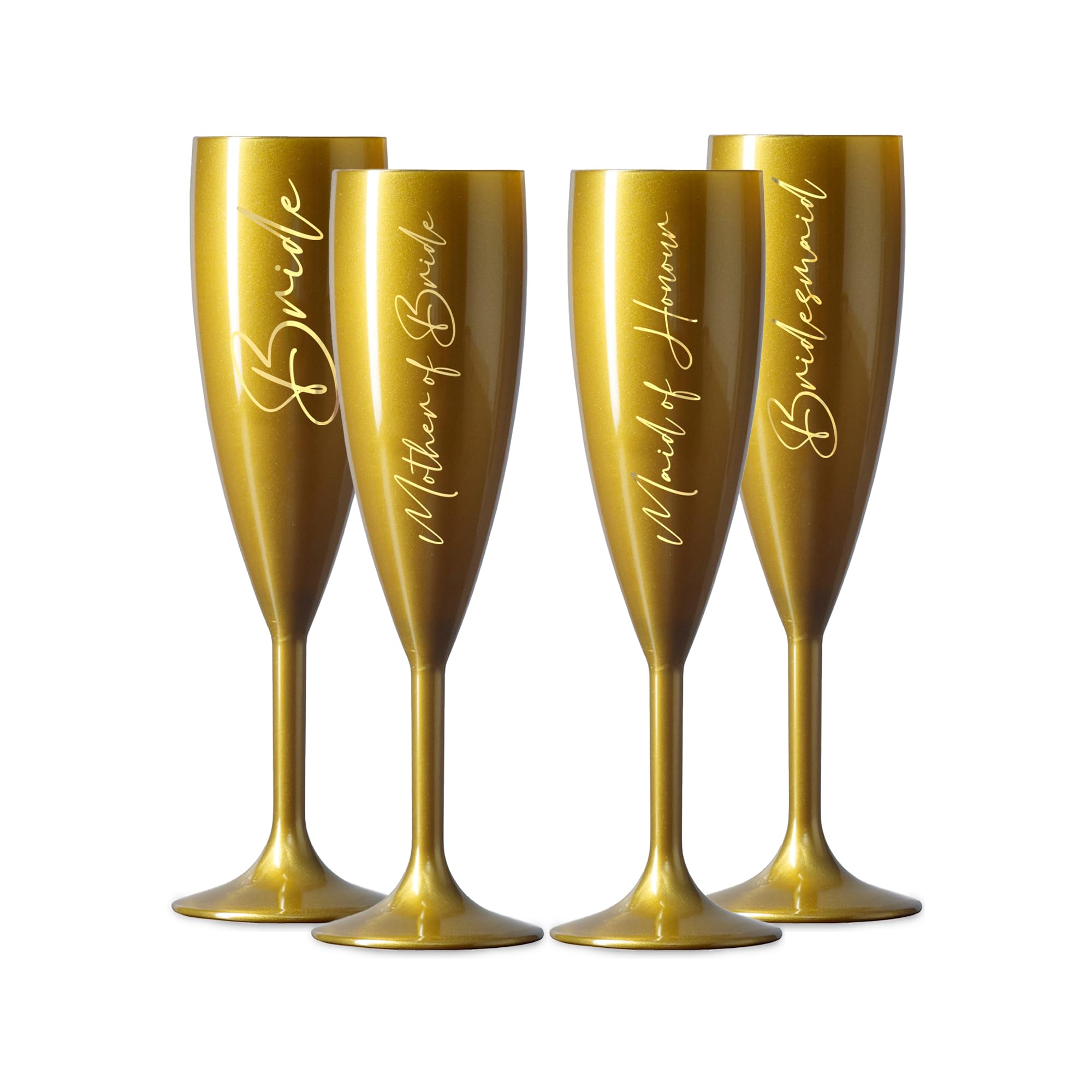 Print Maniacs Champagne Premium Gold Flute Glass Bride Groom Mr Mrs Wedding Maid Honour Wine Cocktail Prosecco Celebrations Gift (Gold, Set of 4 Brides Set)