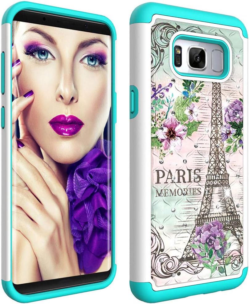 Wiitop Compatible Samsung Galaxy S8 Plus Case,S8+ Back Protective Cover Heavy Duty Tough Dual Layer 2 in 1 Rugged Rubber Hybrid Hard Plastic Soft TPU Coloured Drawing with Glitter Diamond Eiffel Tower