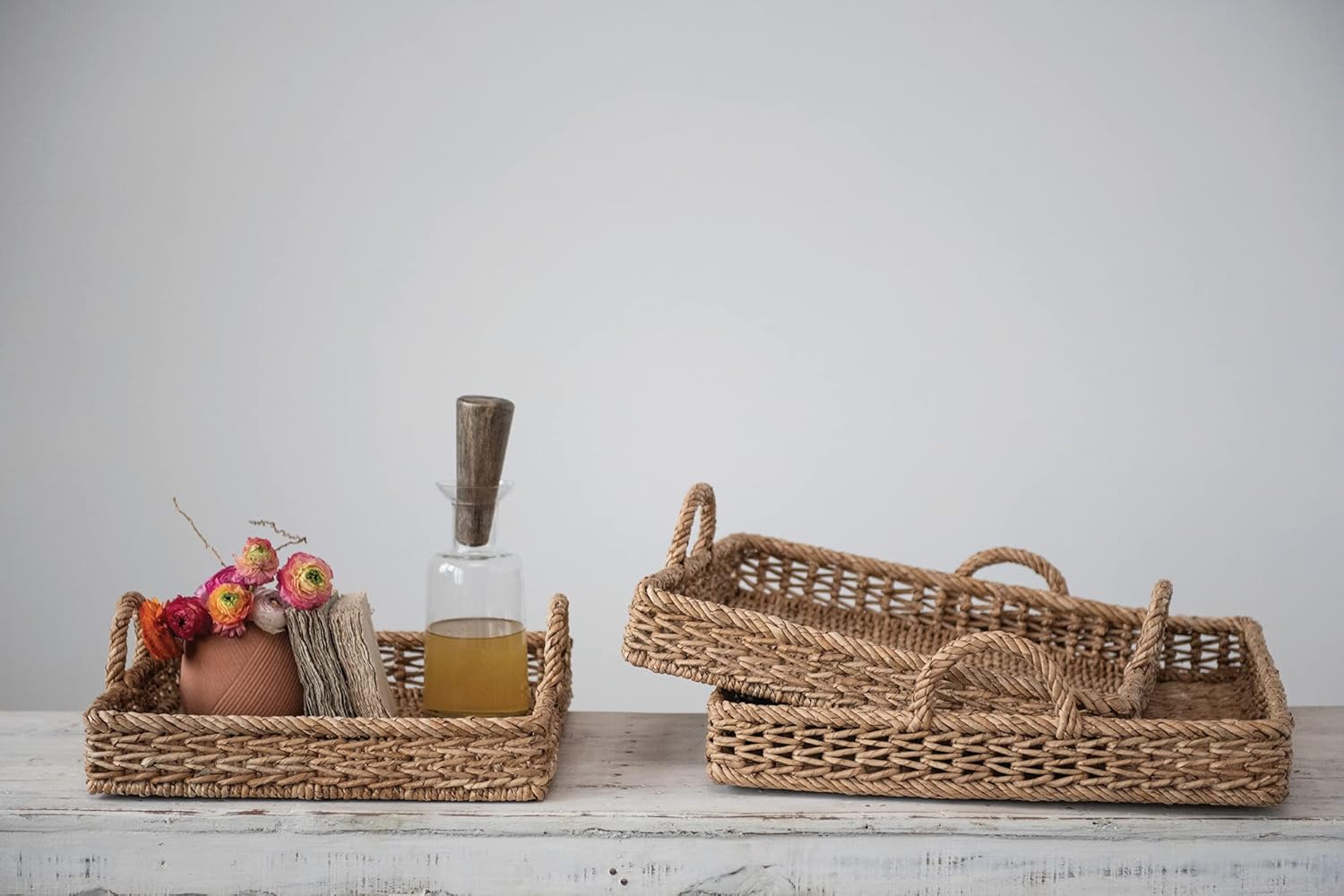 Handwoven Square Rattan Water Hyacinth Tray Set