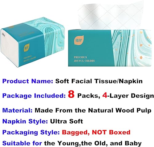 Miniatura 5 de Paquete de 8 pañuelos faciales desechables pequeños, funda de papel higiénico, no caja, servilleta, papel facial blanco, fibra de pulpa de madera