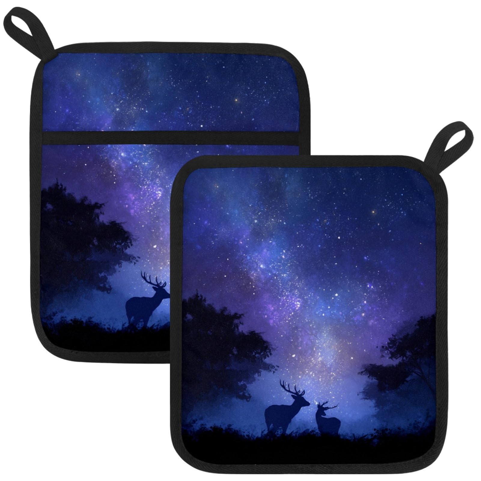 VAPOKF Deers Starry Sky Kitchen Hot Pot Holder, Pot Holders Heat Resistant Pot Holder with Pocket Heat Resistant Trivets for Hot Pans Cotton Pot Mitts for Kitchen Cooking Baking