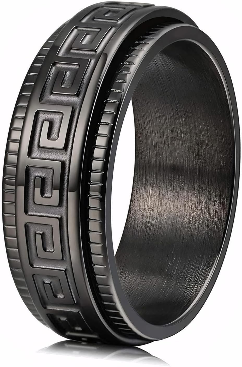 MMTTAO Men's Spinner Anxiety Ring Black/Silver/Blue 8MM Titanium Anxiety Relief Fidget Ring Greek Key Center Spinner Wedding Engagement Bands Matte Brushed Grooved Stepped Edges Comfort Fit Size 5-14