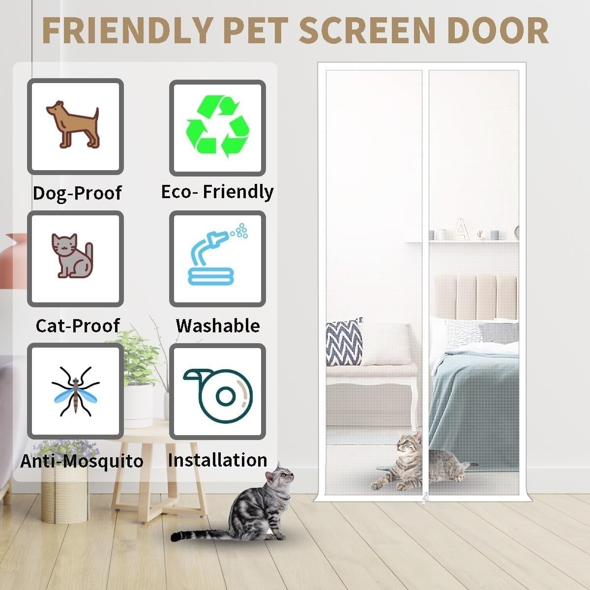 Puerta con solapa reforzada para gatos, puerta de malla blanca para gatos, varios tamaños (C 80 x 200 cm), solución de acceso para mascotas para hogares, fácil instalación y ajuste seguro