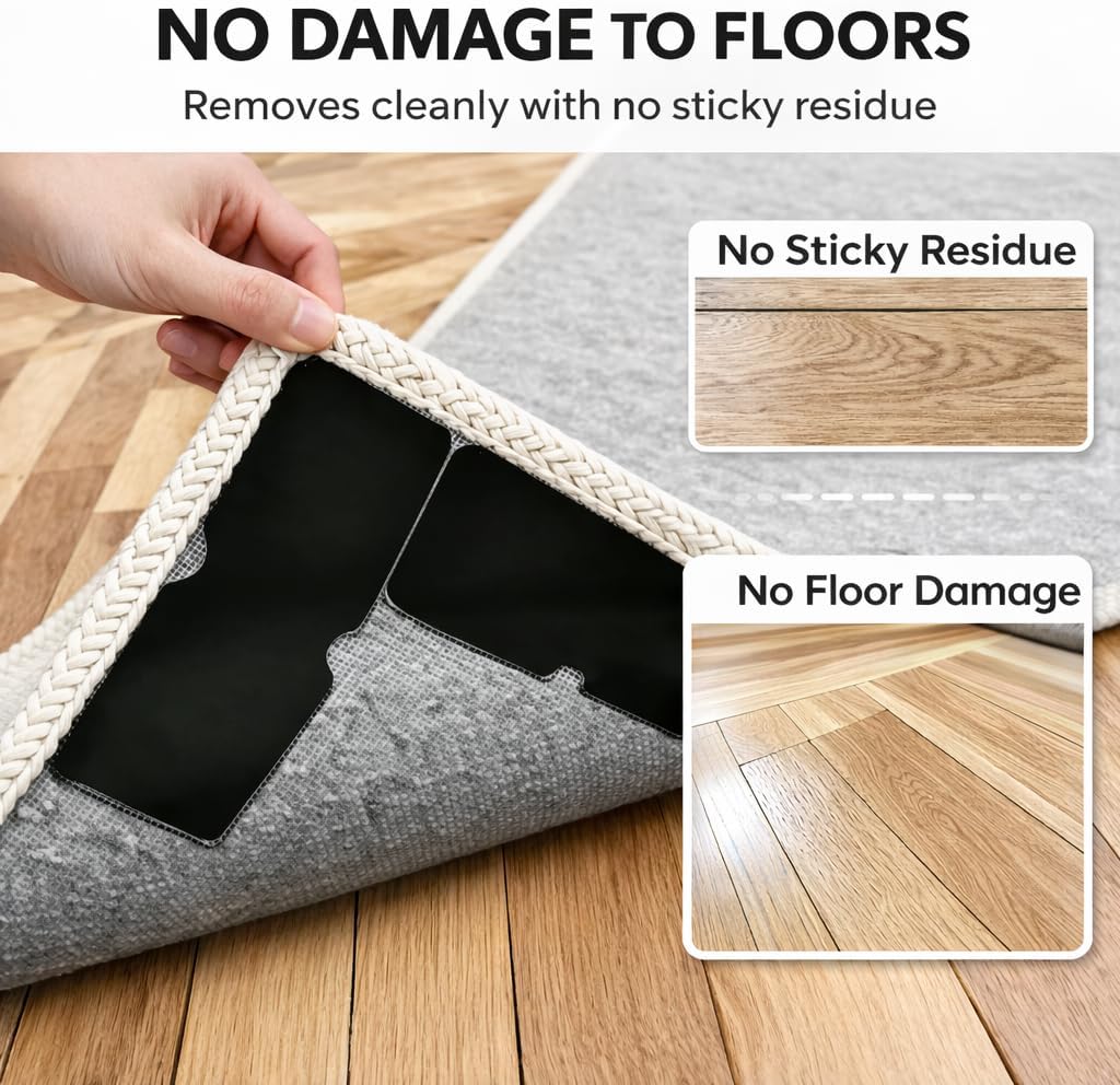 Reusable Rug Grippers for Area Rugs, Non Slip Carpet Grippers for Hardwood Floors, Washable Rug Corner Grippers to Stop Sliding & Curling, Thin & Invisible, 8 Pack