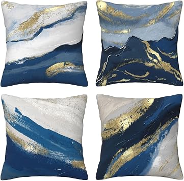 Set Of 4 Blue Abstract Painting Decorative Throw Pillow Covers 18x18 Inch