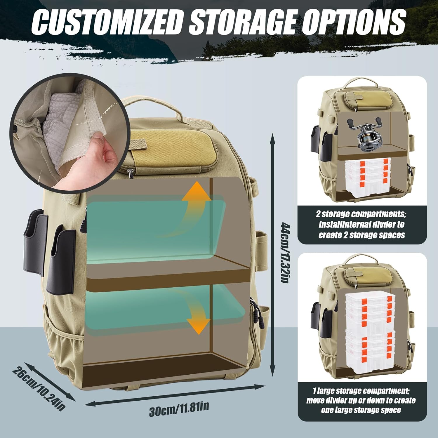 Fishing Tackle Backpack with Rod Holders Gifts for Fishermen, Dad, Husband, 40L Waterproof Fishing Gear Bag with Adjustable Compartments, Multi-pockets, Large Equipment Backpack for Tackle Storage