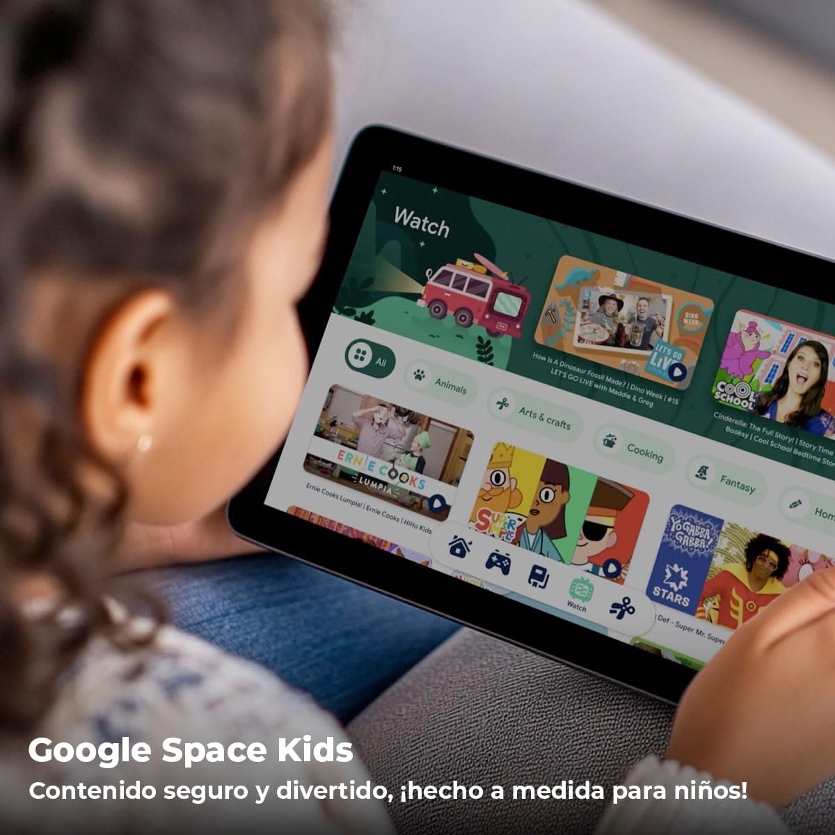 A child using the ONN 10.1 inch Tablet Pro, displaying the Google Space Kids interface with various educational and entertainment apps.