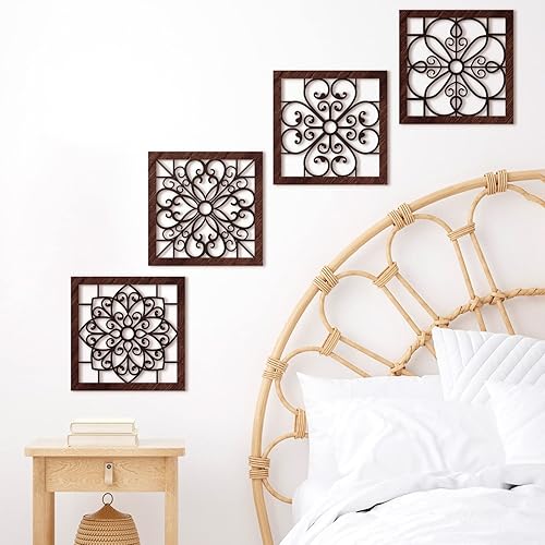 Miniatura 2 de 4 piezas de decoración de pared rústica gruesa moderna de granja, decoración de pared de madera hueca tallada, arte de pared rústico para sala de