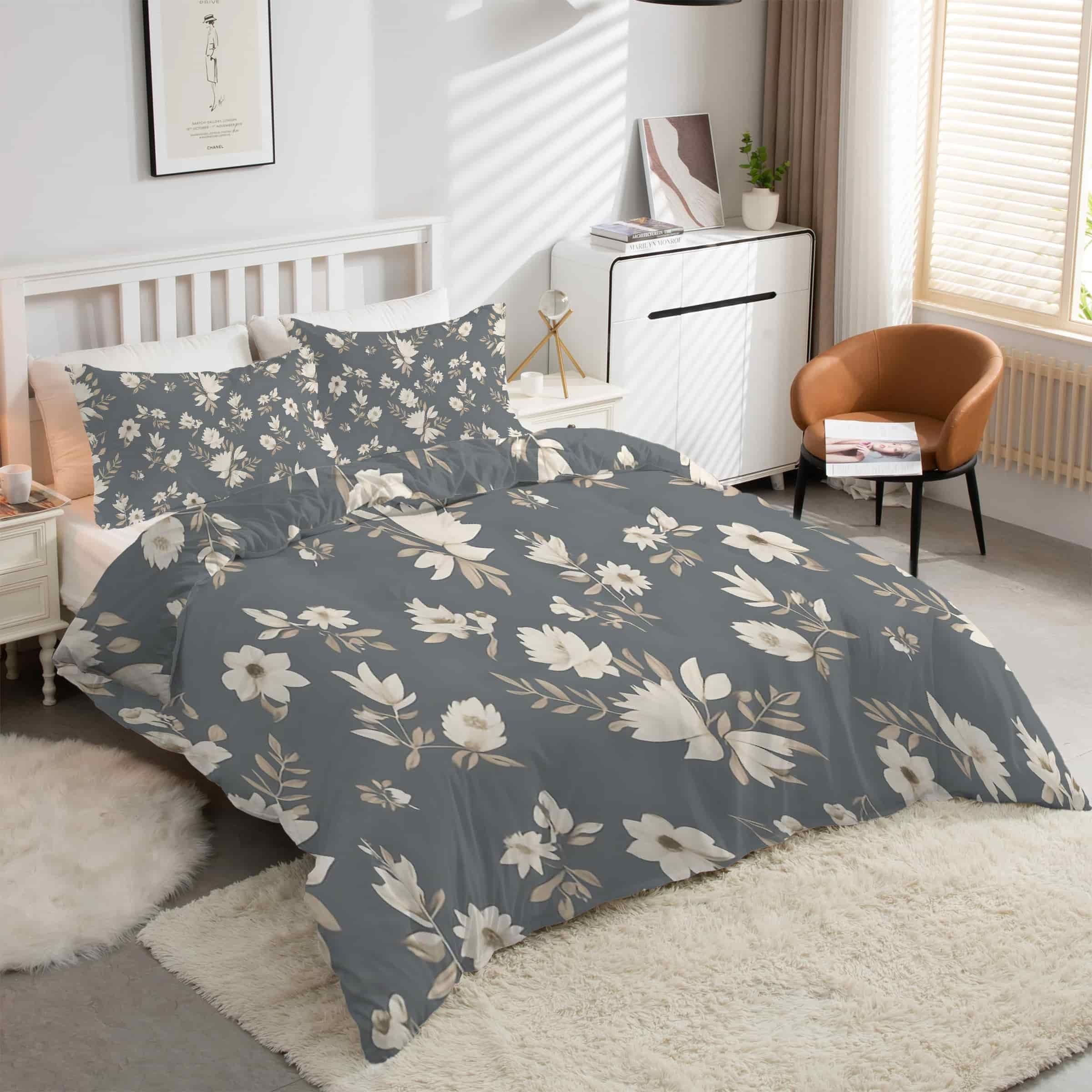 Housse de couette 240x260 fleurs lavable sans repassage pour grand lit