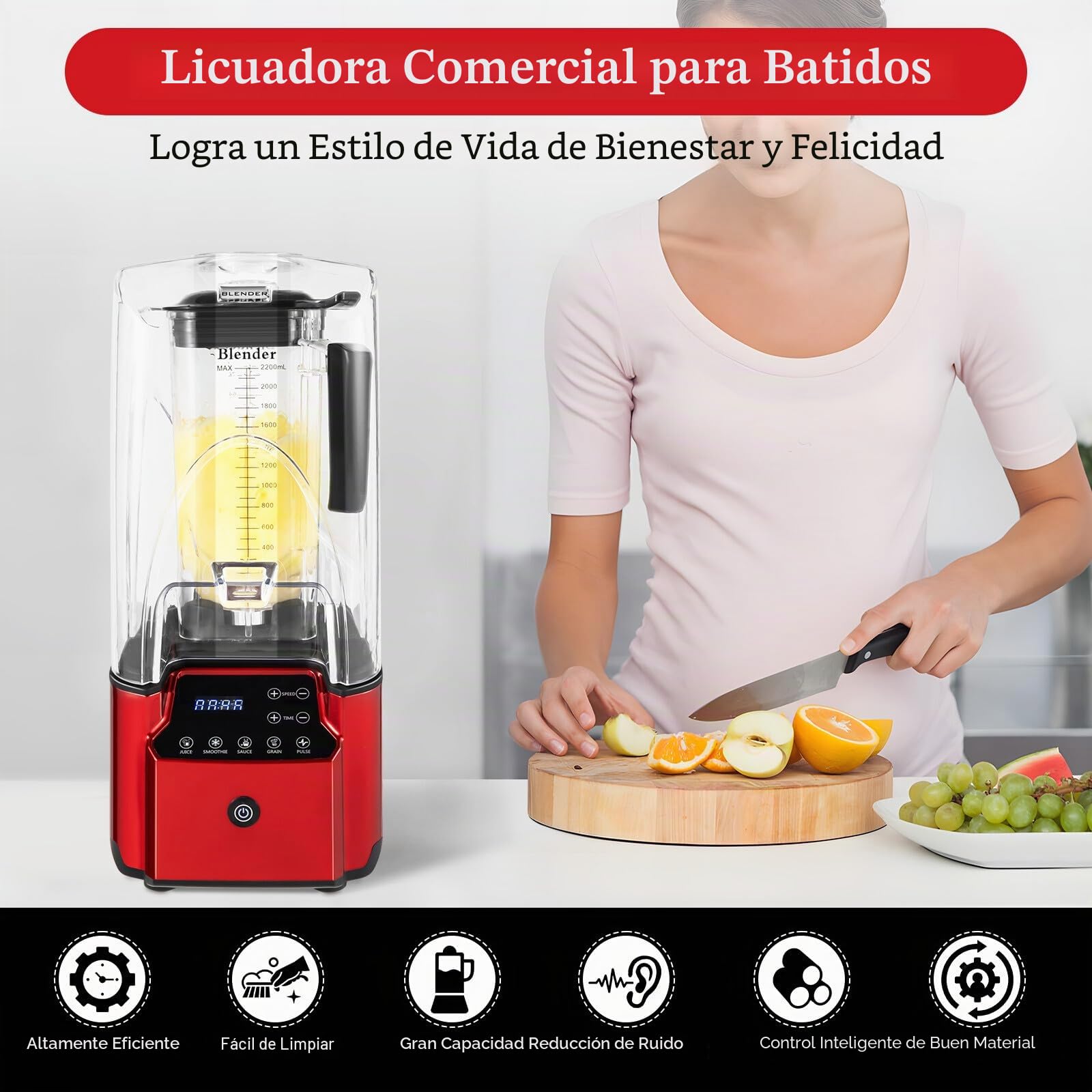 Batidora de 6 hojas de acero soplado de alto rendimiento con aislamiento acústico, batidora universal inteligente táctil inteligente para batidos, insonorizada, 2,2 litros, 2200 W