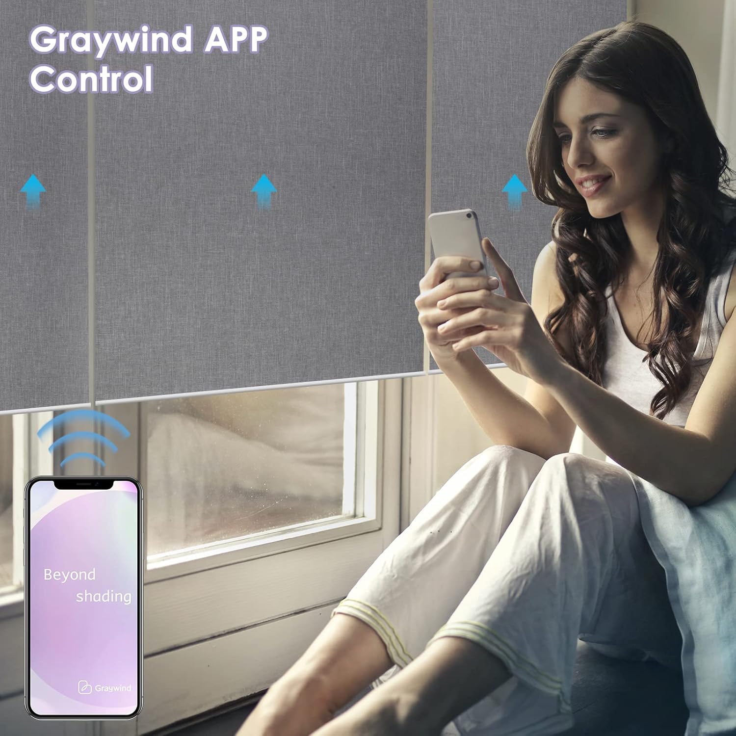 Graywind Smart Hardwired Blackout Roller Shades Compatible with Alexa Google Remote APP Voice Control Motorized Blinds AC Power Electric Window Shade (22" W x 72" L, Fabric Light Grey)