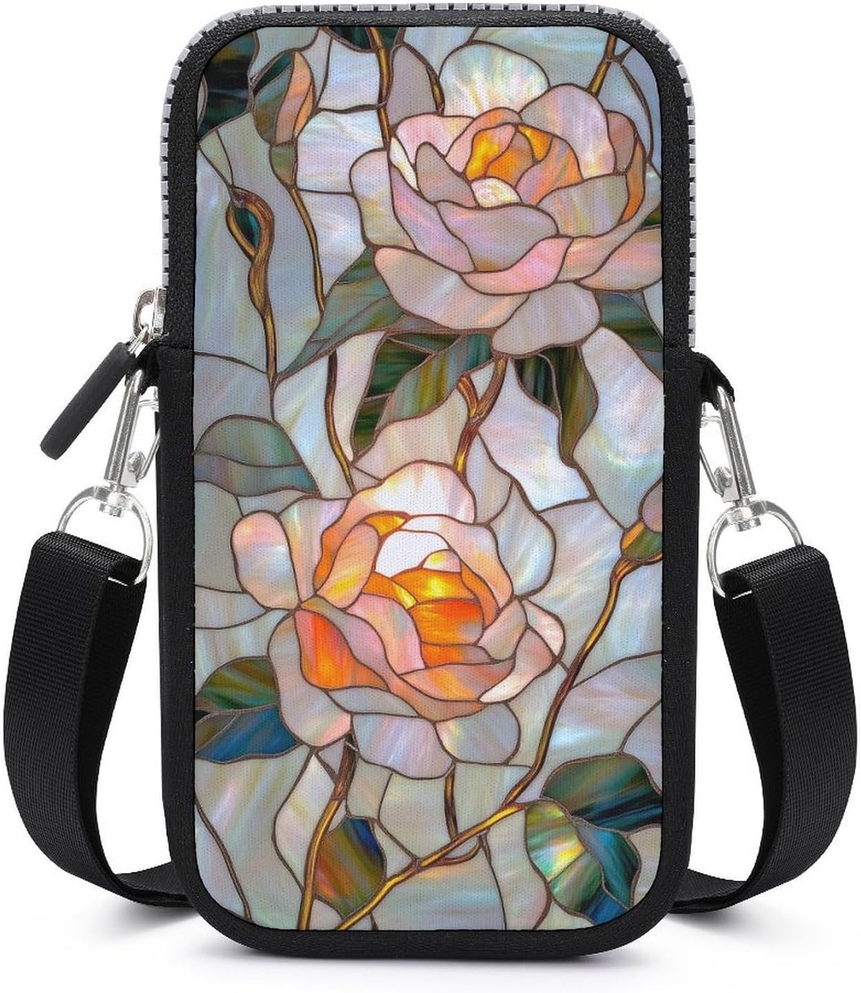 Stained Glass Blooming Roses with Green Leaves Crossbody Mobile Phone Bag Smartphone Bag With Adjustable Strap