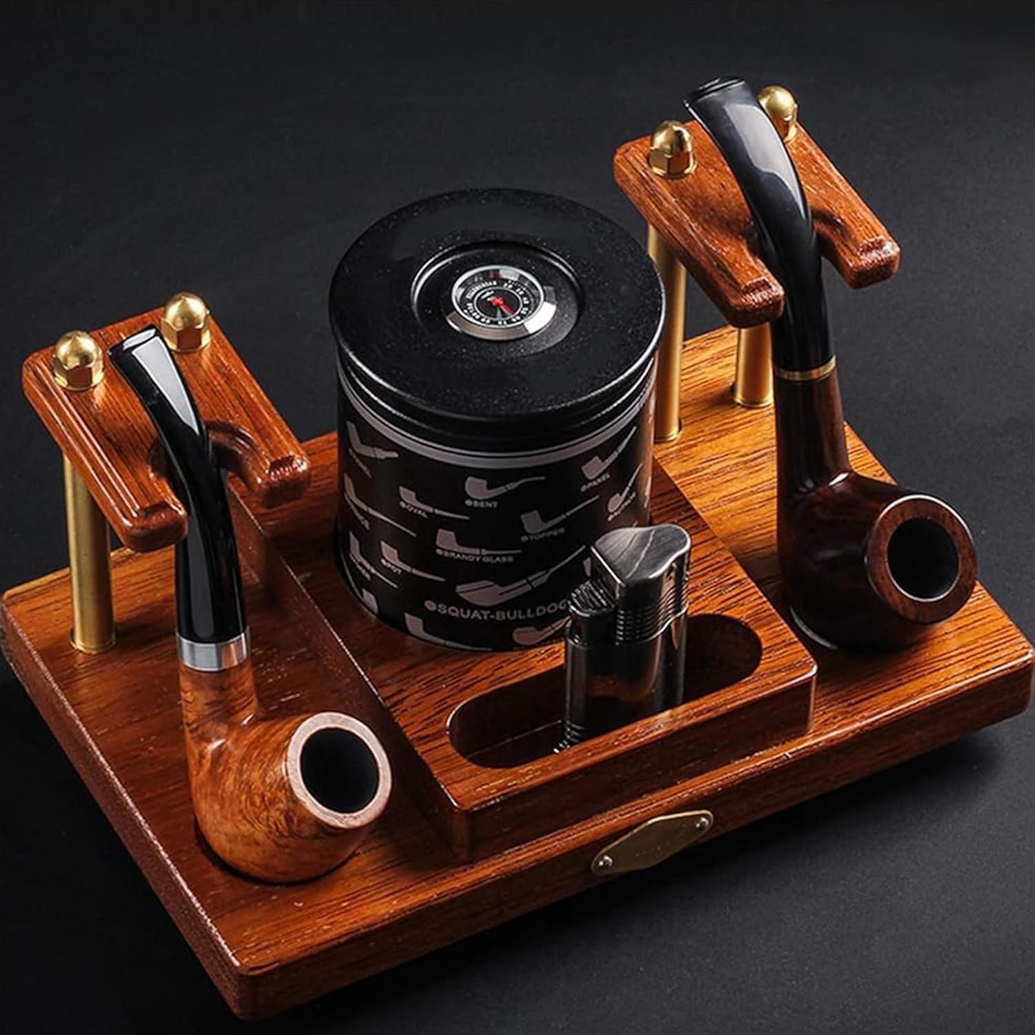 Wooden Tobacco Pipe Stand with Tobacco Jar - Smoking Pipe Accessories for 2 Pipes, Perfect Men's Gift & Cigar Storage Solution, Durable & Stylish Design