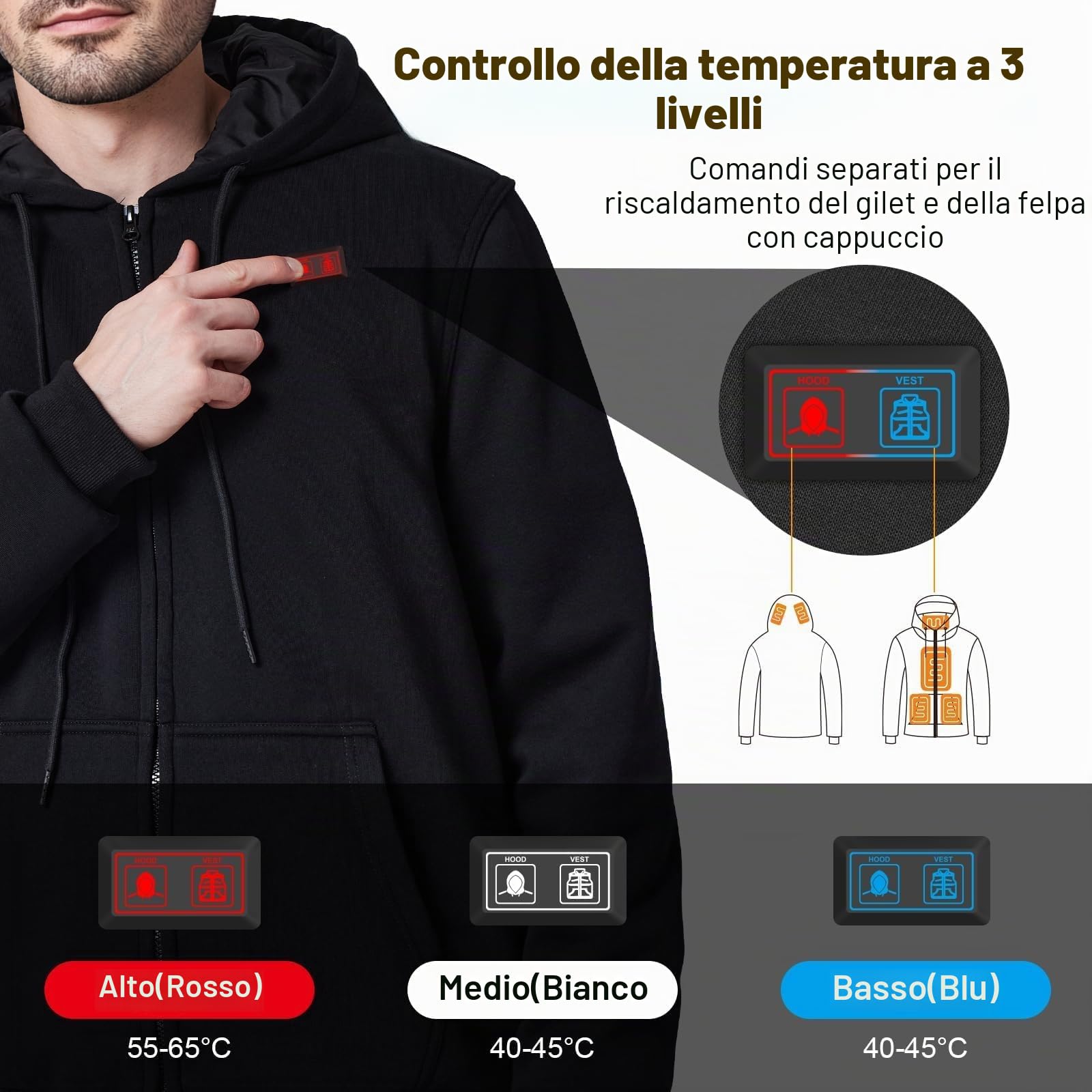 Felpa Riscaldata Cappuccio con Batteria 16000mAh per Uomo Donna, Giacca Elettrica con 6 Zone di Riscaldamento, 3 Livelli di Temperatura, Felpa Termica per Escursionismo, Caccia, Campeggio