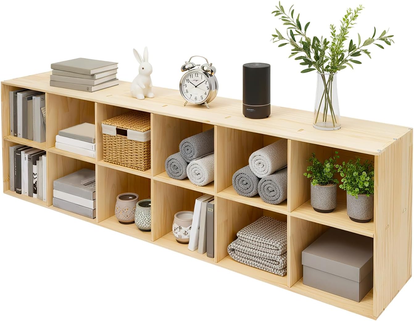 12-Cube Bookcase, 2-Tier Solid Wood Cube Storage Organizer, 70.9" L x 11.8" W x 23.6" H in Floor Standing Open Bookshelf, Natural TV Stand up to 75 Inchs for Home and Office (Natural Wood, 12-Cube)