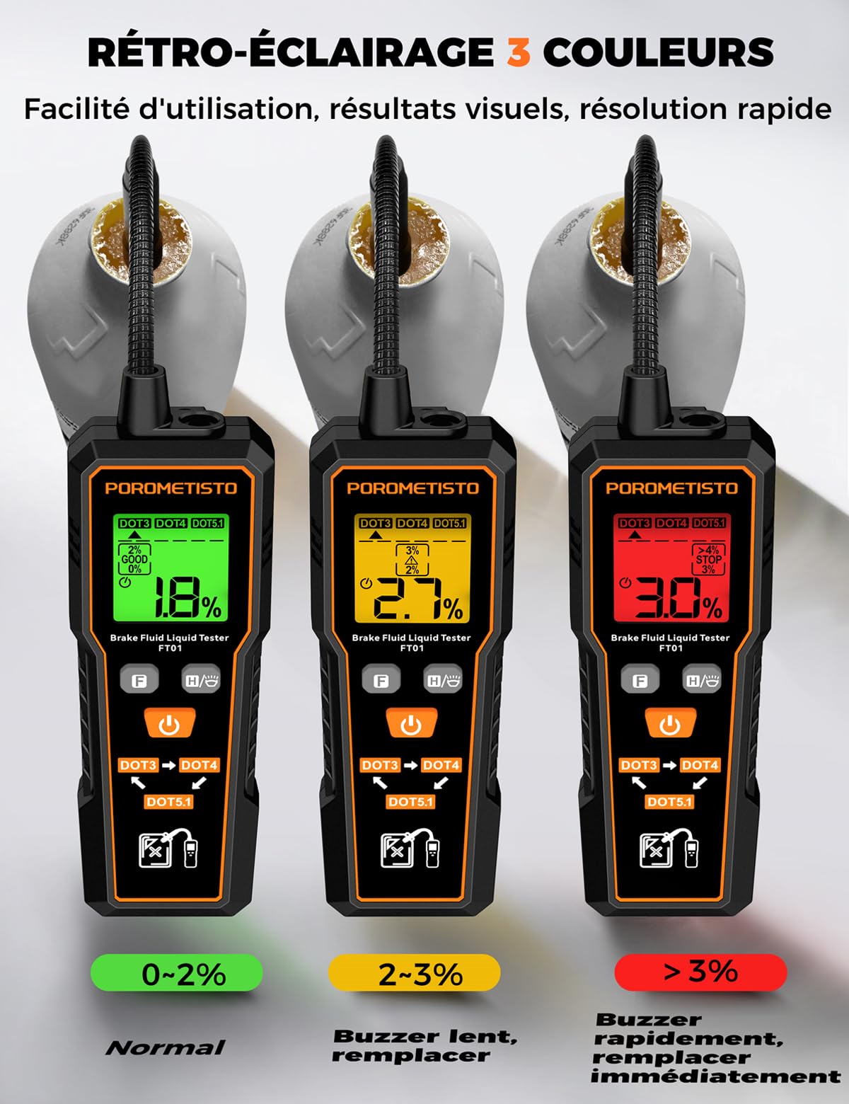 Testeur de liquide de frein professionnel FT01, sonde sensible résistante à la corrosion, adapté pour DOT3/DOT4/DOT5.1, Testeur liquide de frein pour la sécurité du véhicule