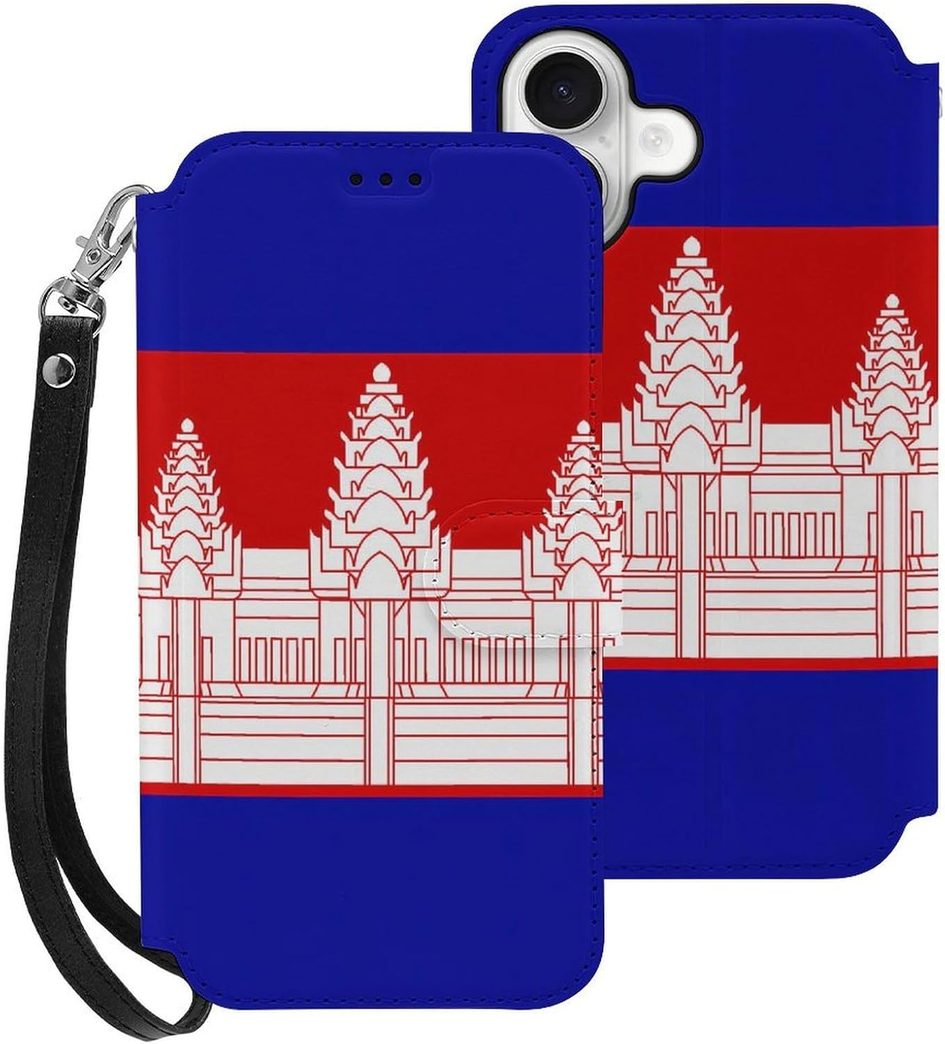 Cambodia Cambodian Flag Compatible with iPhone 16/16 Plus/16 Pro/16 Pro Max/16 E Case Phone Wallet Card Holder Flip Cover with Wrist Strap