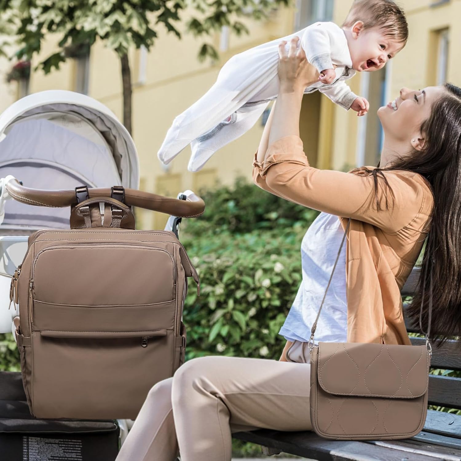 miss fong Diaper Bag Backpack - Baby Diaper Bag Travel Diaper Backpack with Diaper Changing Pad Large Capacity Baby Backpack with 12 Pockets for Mom & Dad -Brown