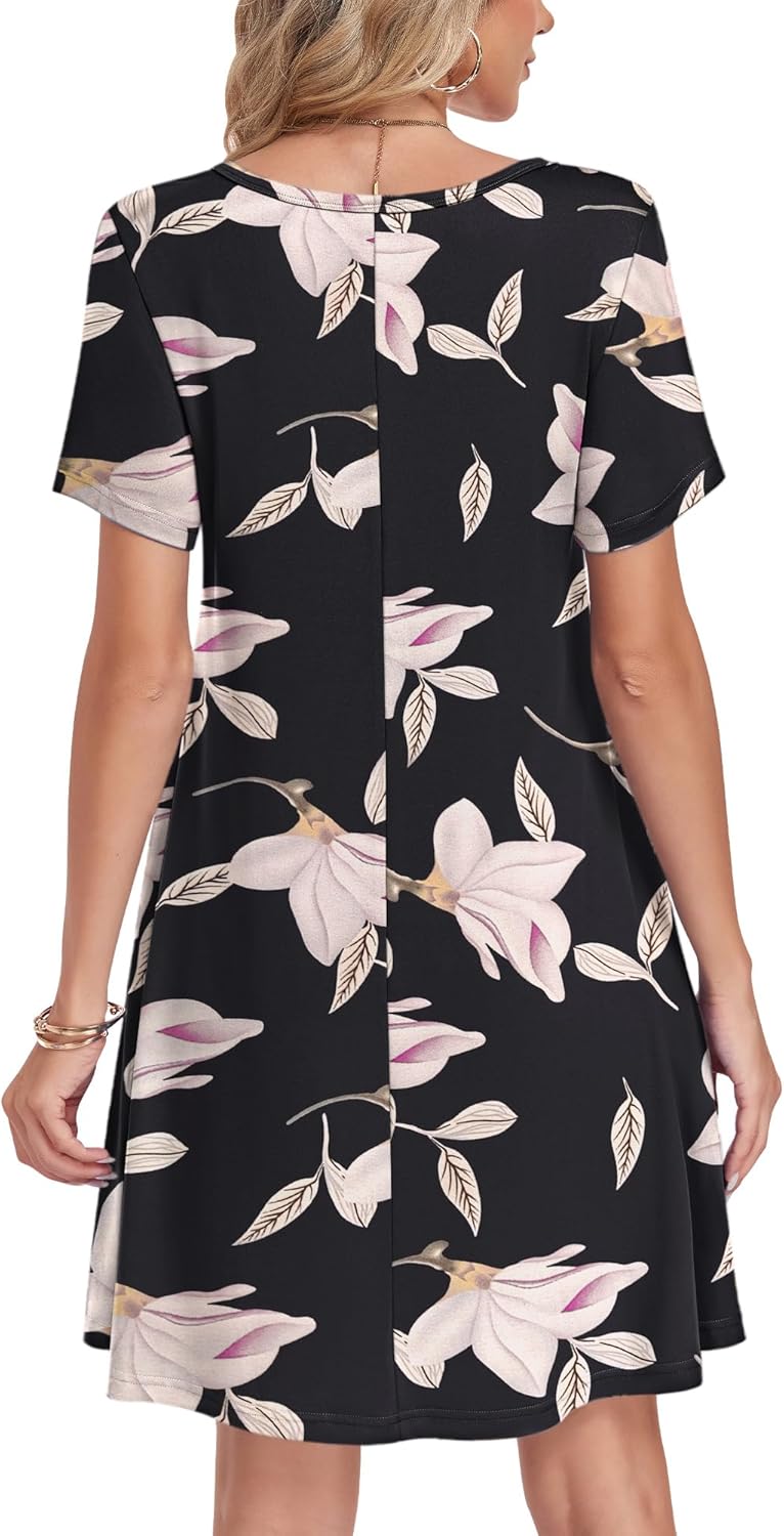 AUSELILY Tshirt Dress Women Swing Floral Short Sleeve V Neck Vacation Beach Mini Dress with Pockets - Image 3