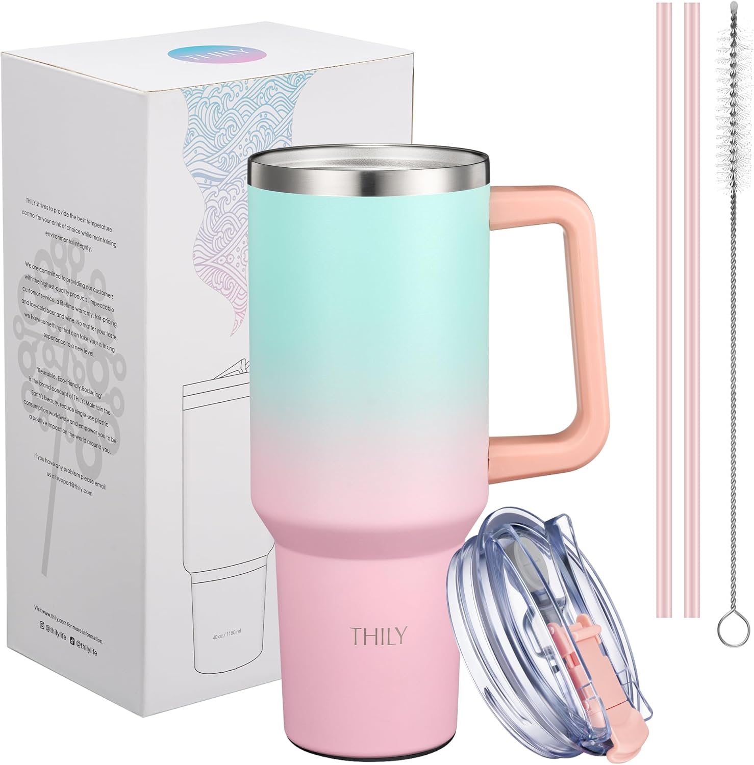 THILY 40 oz Stainless Steel Tumbler with Handle - Vacuum Insulated Travel Cup, Splash-Proof & Leakproof Lid, 2 Straws & Brush | Keeps Cold 34H/Hot 12H, Cupholder Friendly, Candy Pink - Image 5
