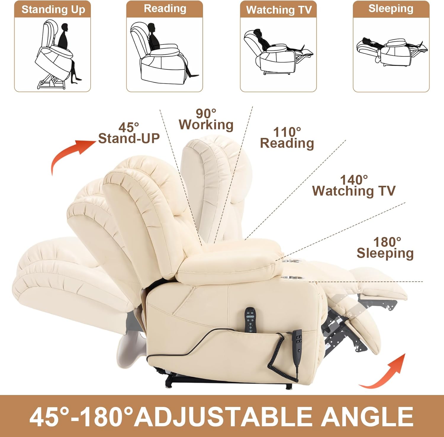 Electric Lift Chair Oversized, Dual Motor Power Lift Recliner Faux Leather Sofa with 8-Point Vibration Massage and Lumbar Heating, Stainless Steel Cup Holders for Elderly, Medium-Firm, Beige