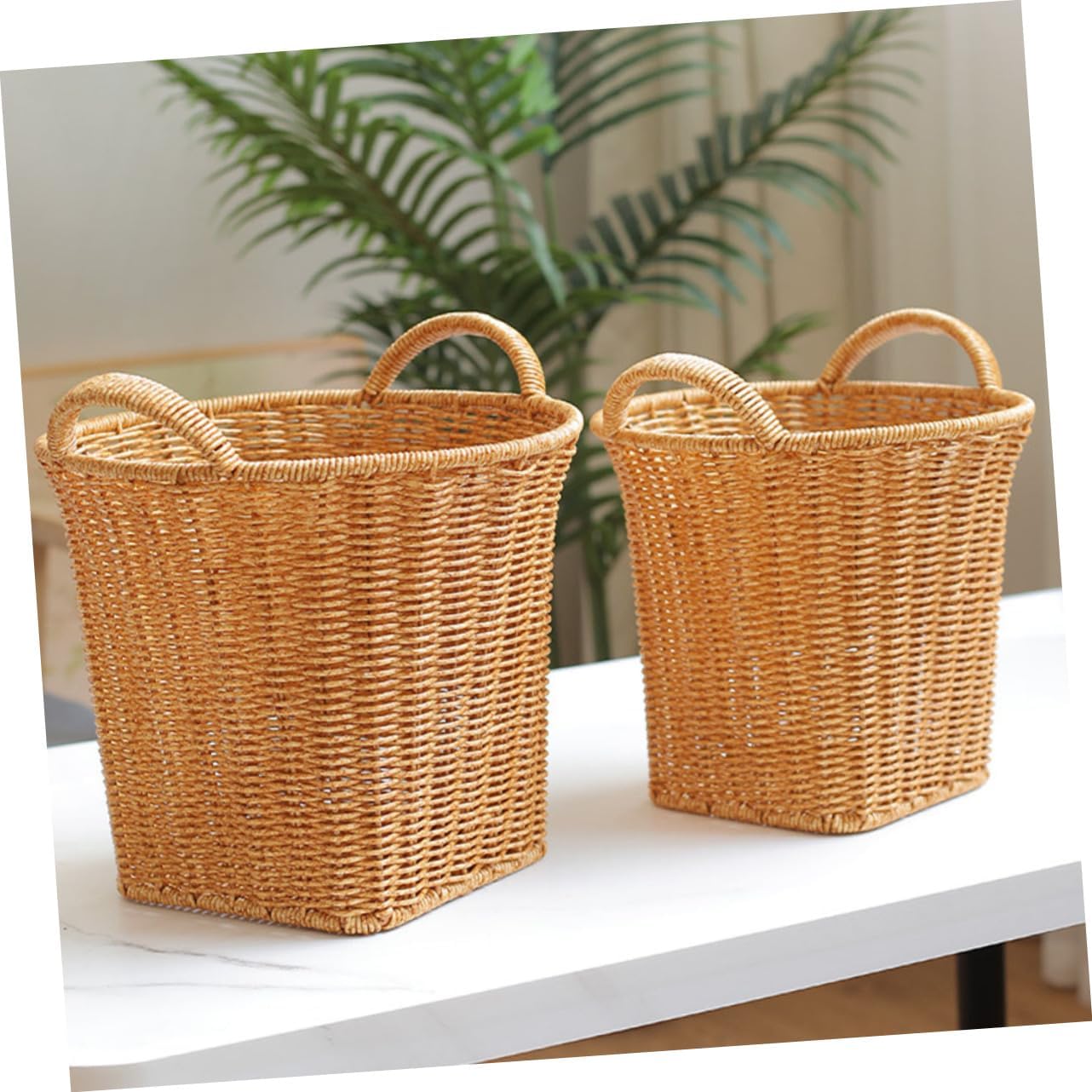 Deep Coffee Imitation Rattan Woven Flower Basket Large Size Double Handle Versatile Kitchen Storage