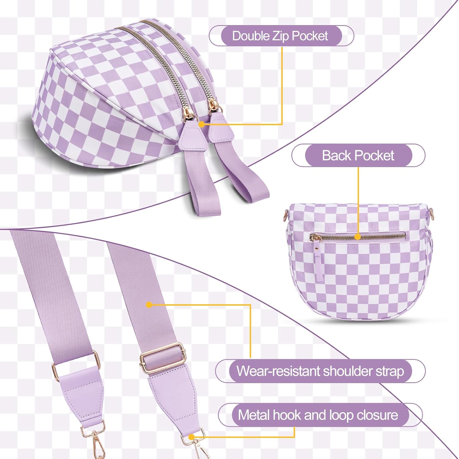 Checkered Crossbody Bag,Nylon Bum Bags for Women Crossbody,Spacious Sling Bag Purse Fanny Packs with Shoulder Strap - Image 4