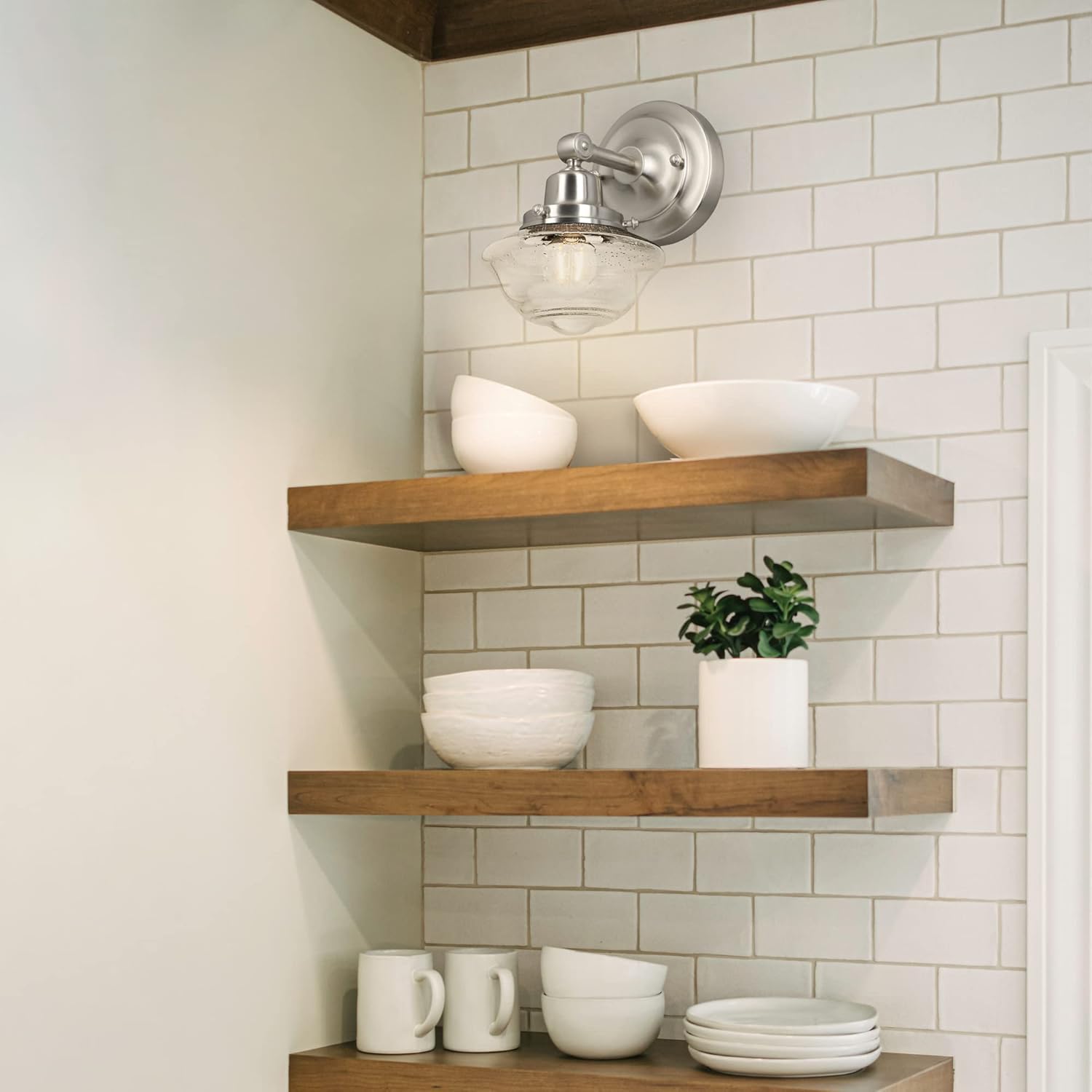 Design House 589127-SN Schoolhouse Modern Industrial Farmhouse Wall Mount 1-Light Indoor Dimmable Clear Seedy Glass Sconce for Kitchen, Hallway, Bedroom, Foyer in Satin Nickel - - 