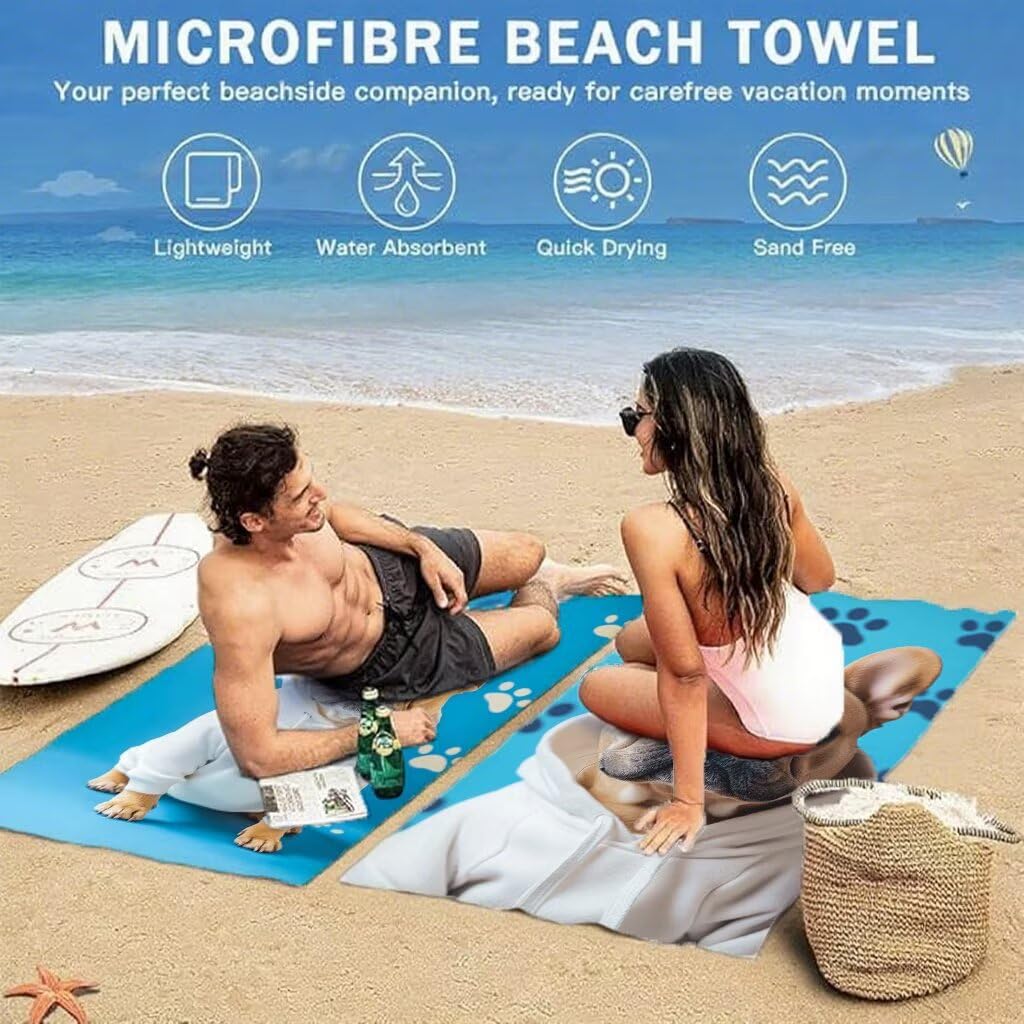 Bleu Serviette de Plage 80x160cm Lot de 2, Chien Serviette Microfibre Ultra Absorbantes Séchage Rapide Anti Sable Léger Transport Compacte Drap de Plage pour Piscine Voyages Femme et Homme, Model669