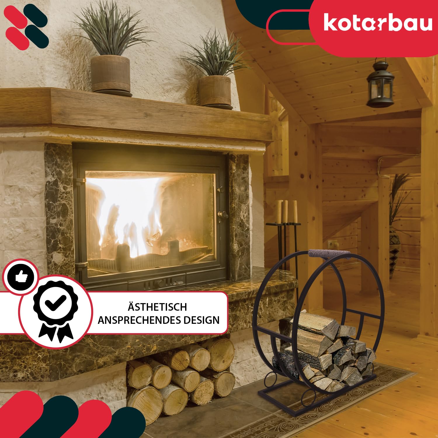 KOTARBAU® Holzkorb für Kaminholz - 55 x 25 x 60 cm - Kaminholzregal für innen & außen - Rund - ⌀ 60 cm - Holz Tragekorb - mit Griff - Metall Korb für Kaminholz - Dekorativ - Stahl - Schwarz