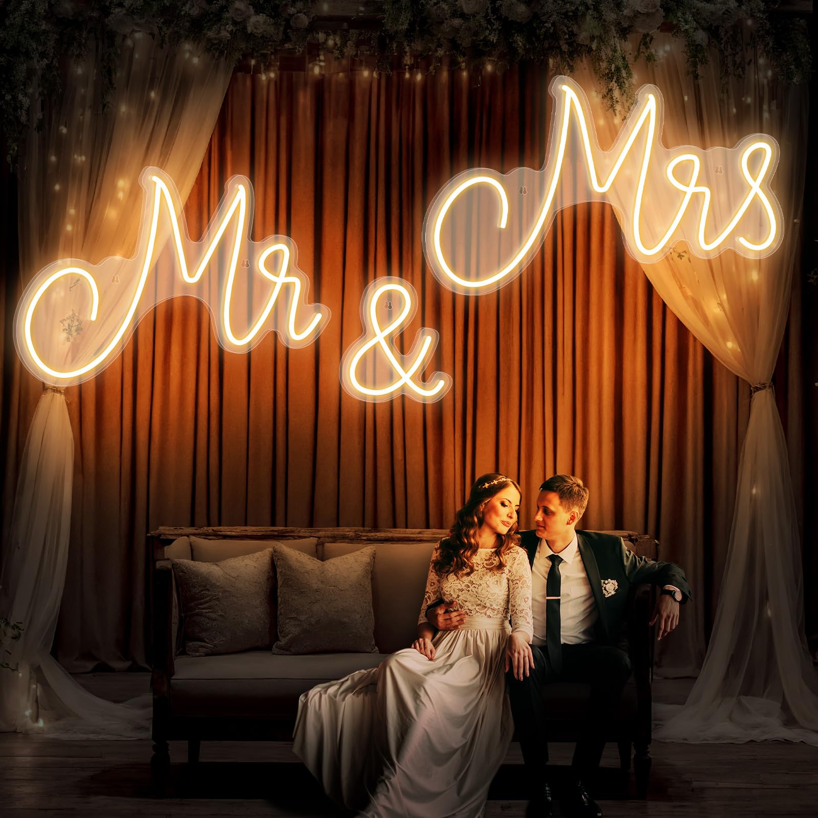 Kittmip Mr and Mrs Neon Sign for Wedding Neon Light LED Backdrop Wall Decor USB Wedding Reception Decoration Gifts for Anniversary Engagement Banquet(57.09 x 15.75 Inch,Warm White)