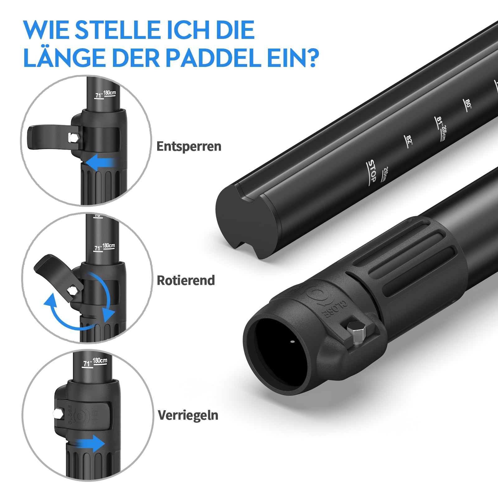 FOWAWU SUP Paddel Aluminium, 3teilig Stand Up Paddel verstellbar 160-210 cm, sehr leicht 804g paddel für Stand-up Paddling Surfboard Bootfahren Kanusport