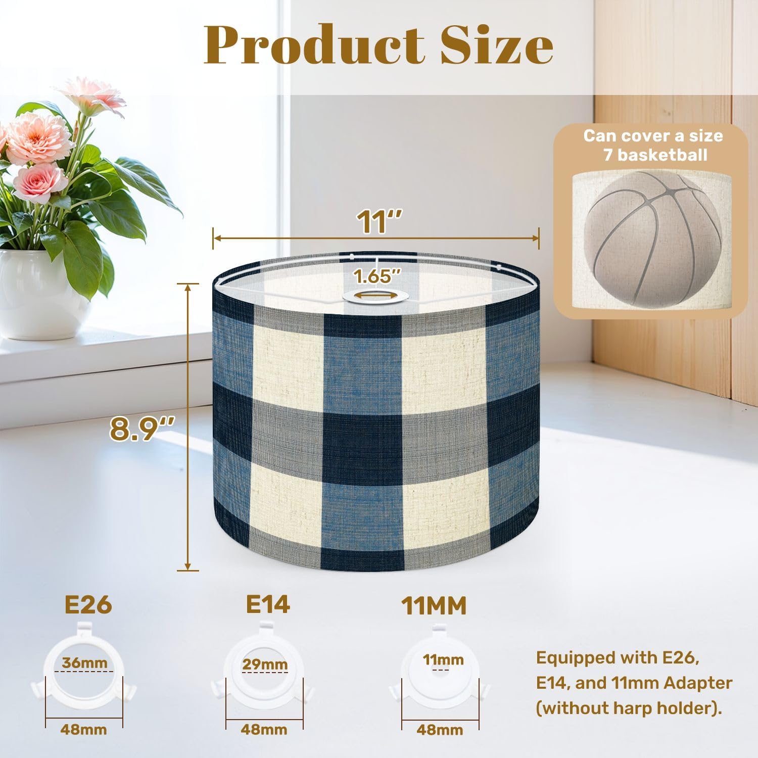 Lamp Shades Set of 2 French farmhouse blue plaid check seamless border Rustic tonal country Drum Lamp Shades for Table Lamps Floor Lamps Pendant Light 8.9"x11"x11" Replacement Large Linen Lampshades