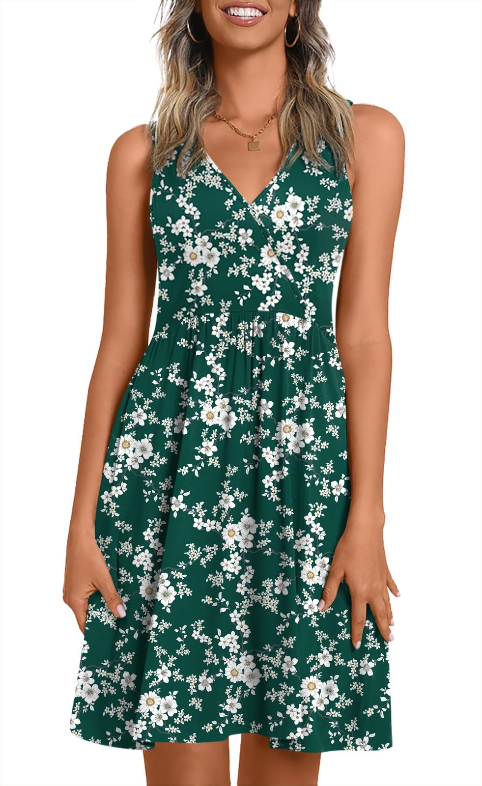 CATHY Women V Neck Sleeveless Dresses with Pockets Summer Sundress S-2XL