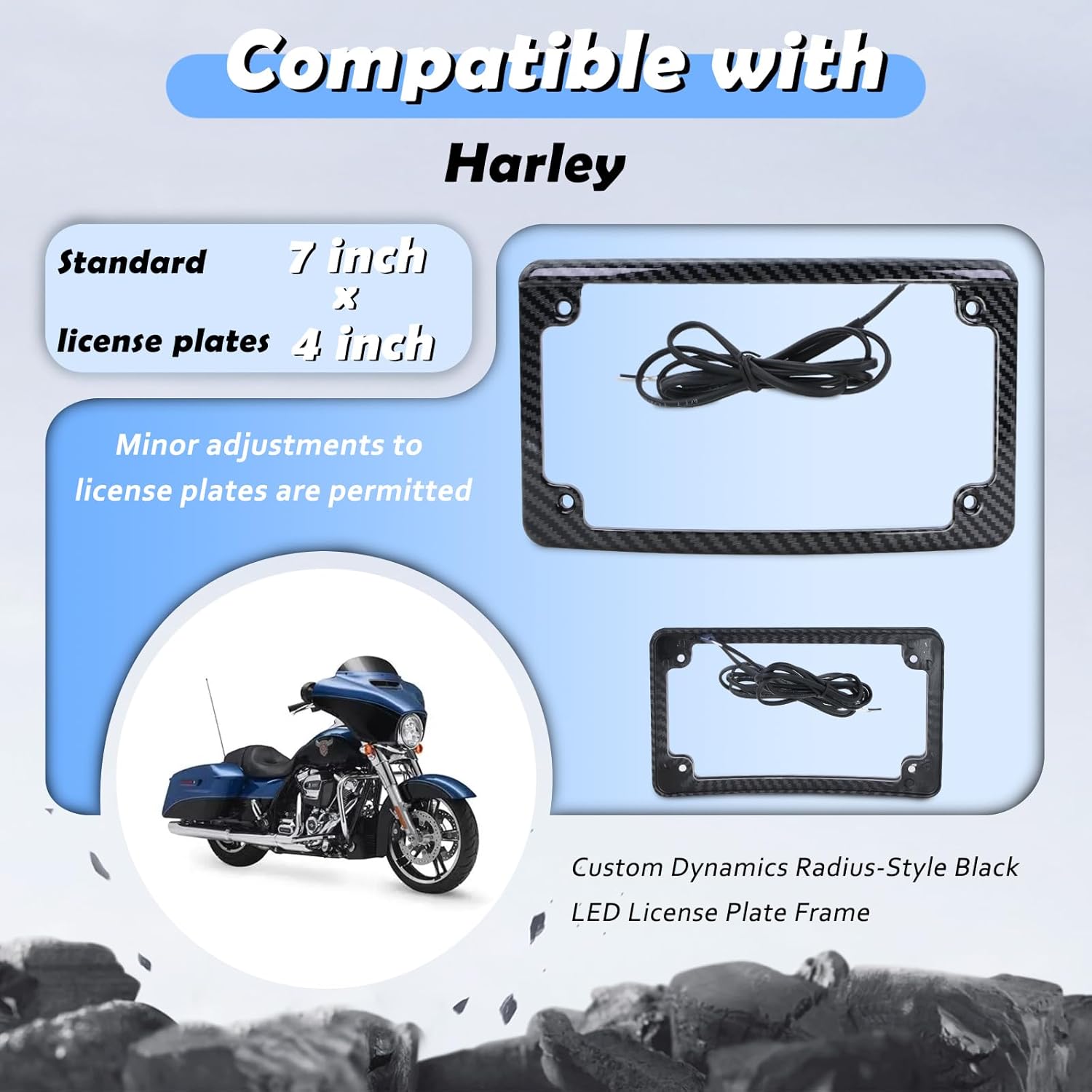 Curved LED License Plate Frame with Light Compatible with Harley Davidson 4" x 7" License Plate (Carbon Fiber)
