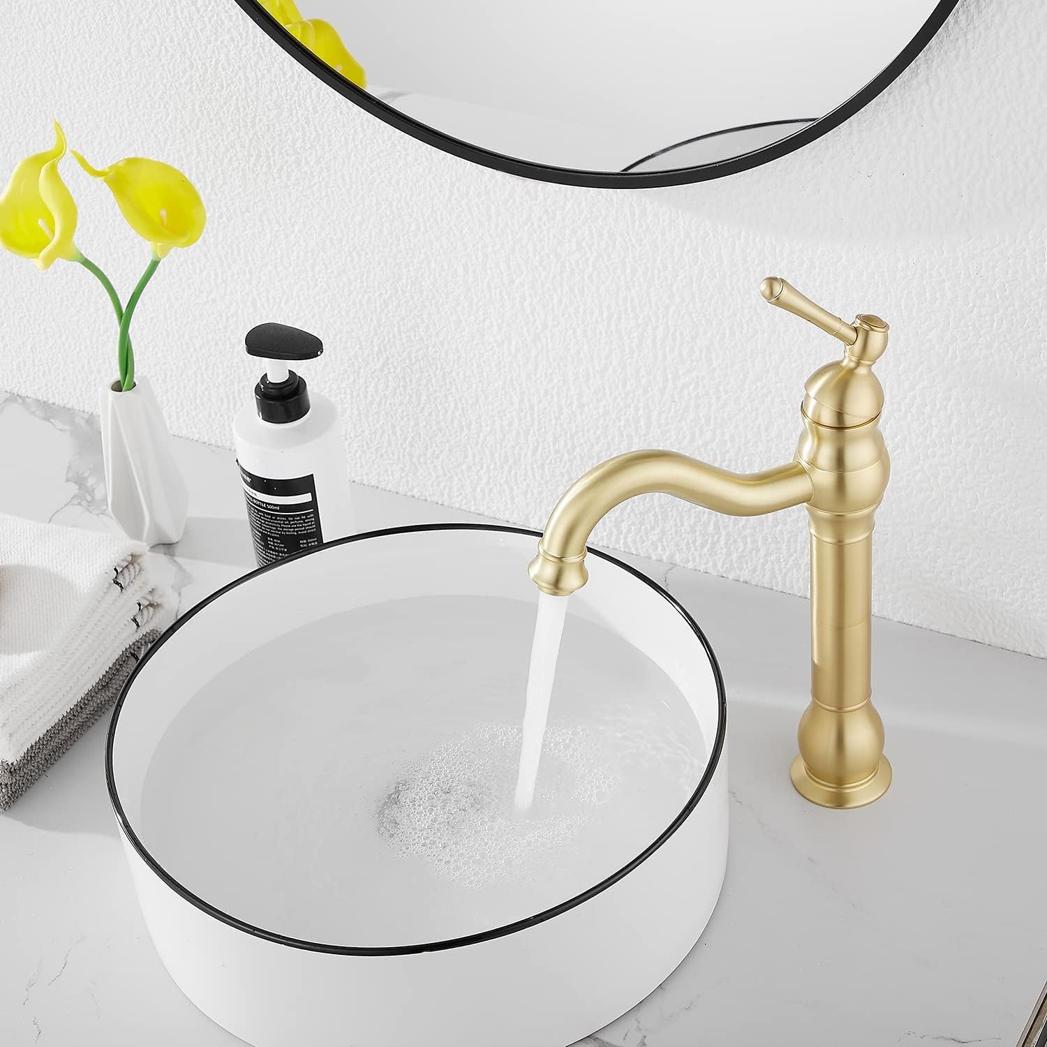 360 Swivel Single-Handle One Hole Vessel Sink Faucet with Matching Pop Up Drain - Brushed Gold Farmhouse Bathroom Vanity Faucet