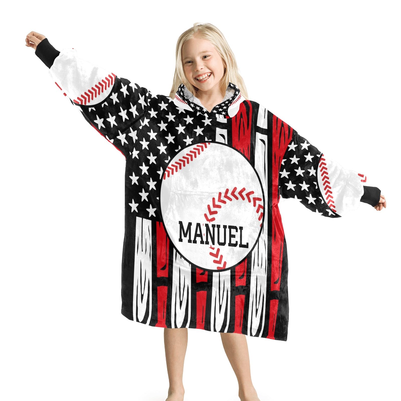 Star Baseball Sport Personalized Oversized Wearable Blanket Sweatshirt Hoodie for Children, Custom Sherpa Soft Warm Blanket