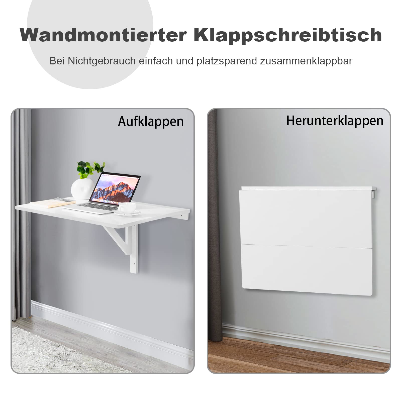 COSTWAY Wandmontierter Klapptisch, 80 x 60 cm, klappbarer Wandtisch, platzsparender Küchentisch Wandklapptisch für Küche Esszimmer Arbeitszimmer (Weiß)